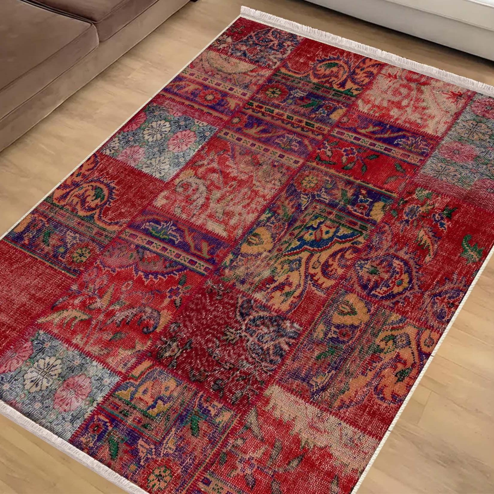 Burgundy Red Patchwork Design Kilim Area Rug Runner, Boho Accent Carpet, Unique Room Mat, Washable Anti-Slip Rug with pillow case gift
