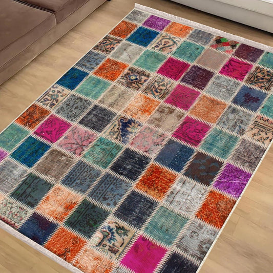 Colorful Ethnic Patchwork Design Kilim Area Rug Runner, Boho Accent Carpet, Unique Room Mat, Washable Anti-Slip Rug with pillow case gift