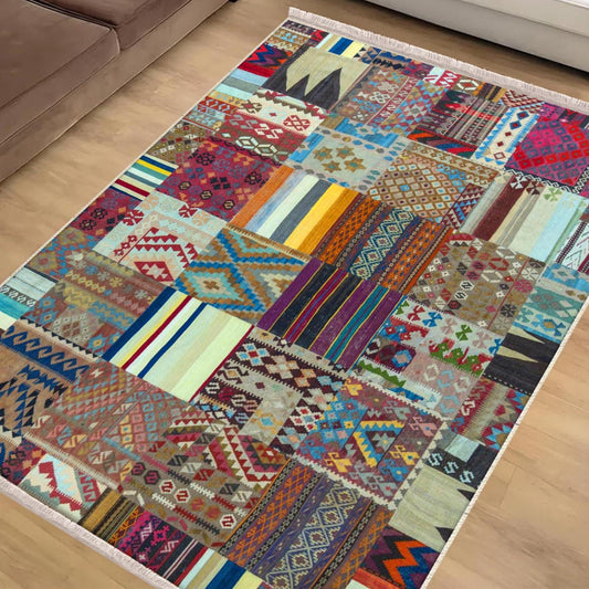 Colorful Vintage Patchwork Design Kilim Area Rug Runner, Boho Accent Carpet, Unique Room Mat, Washable Anti-Slip Rug with pillow case gift
