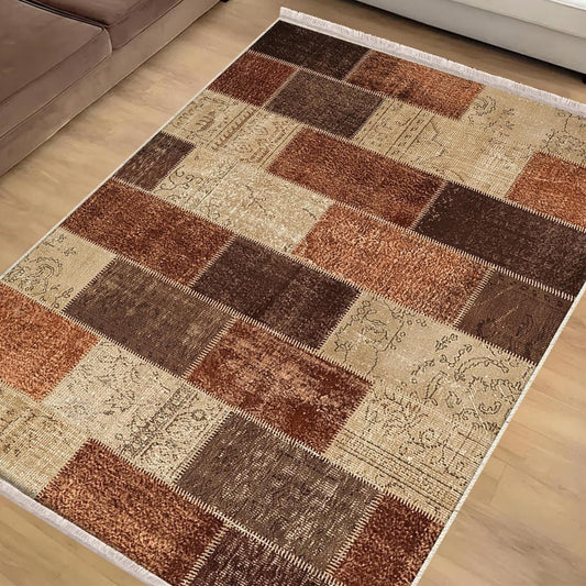 Brown Retro Kilim Area Rug Runner, Boho Patchwork Accent Carpet, Washable Anti-Slip Hallway Mat with Free Pillow Case Gift