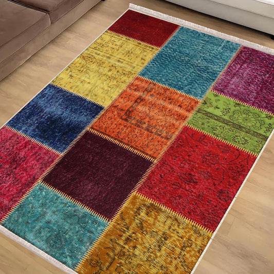 Colorful Patchwork Design Kilim Area Rug Runner, Boho Accent Carpet, Unique Room Mat, Washable Anti-Slip Rug with pillow case gift