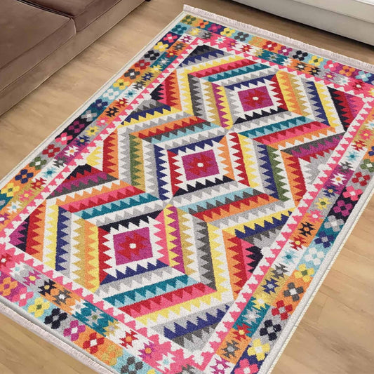 Colorful Aztec Ethnic Geometric Design Area Rug Runner, Modern Accent Carpet, Unique Room Mat, Washable Anti-Slip Rug with pillow case gift