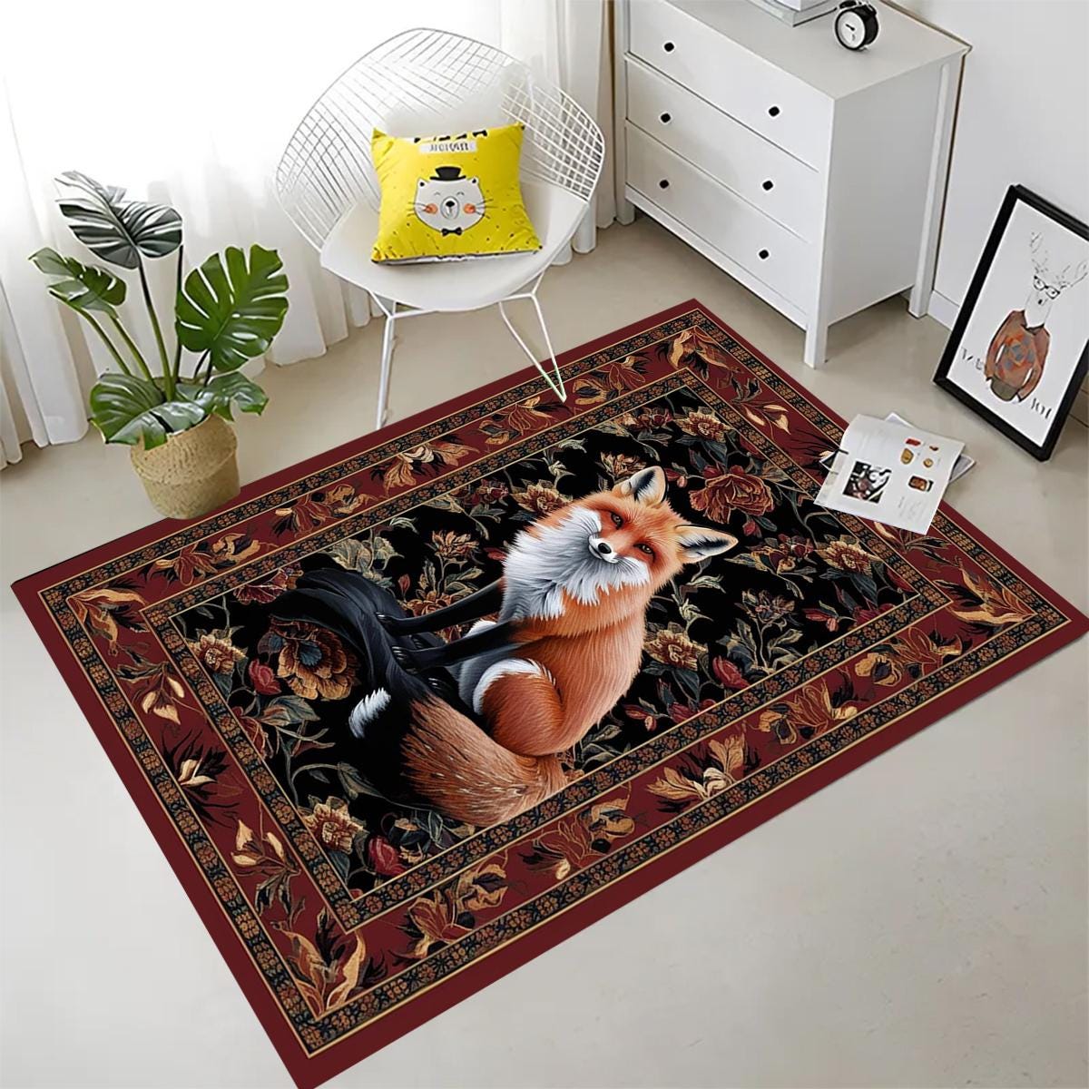 Fox Rug Floral Vintage Area Carpet - Orange Fox, Flowers Decorative Rug for Living Room, Bedroom, Washable Rug, Gift for Office Home Decor