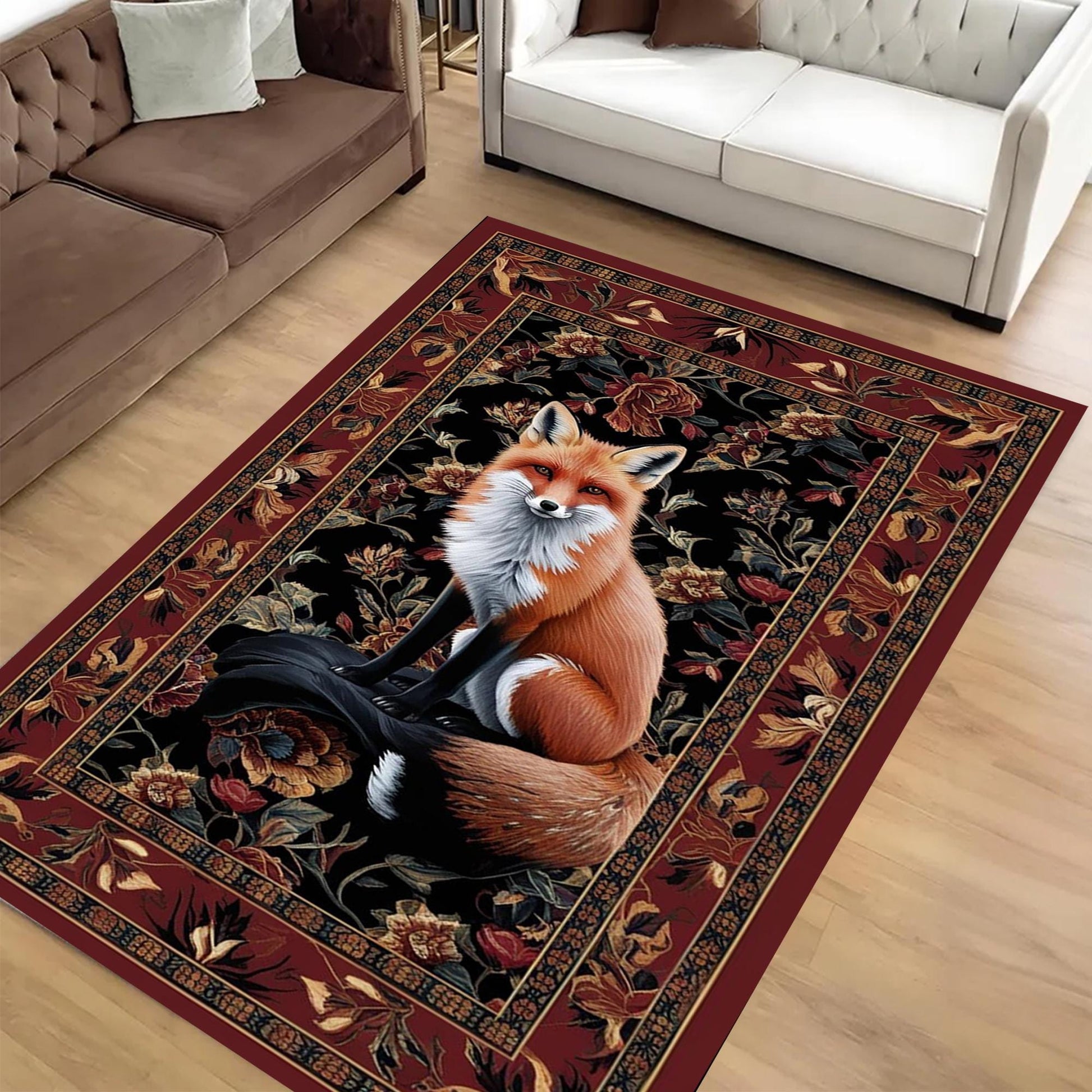 Fox Rug Floral Vintage Area Carpet - Orange Fox, Flowers Decorative Rug for Living Room, Bedroom, Washable Rug, Gift for Office Home Decor