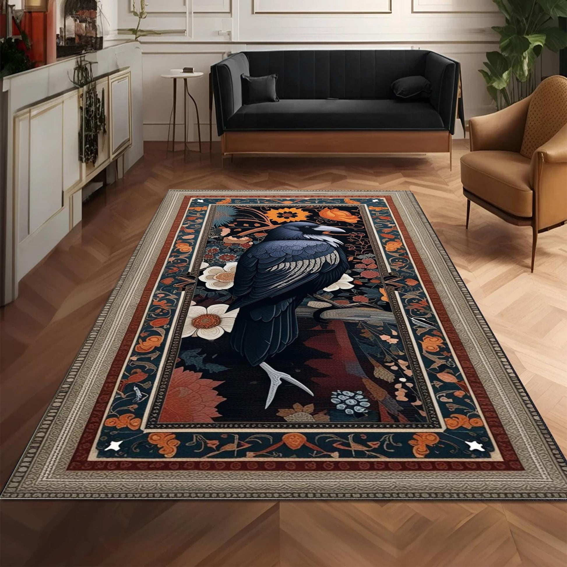 Gothic Raven Rug Dark Academia Orange Black Carpet Victorian Crow & Floral Witchcore Decor Area Rug Occult Aesthetic