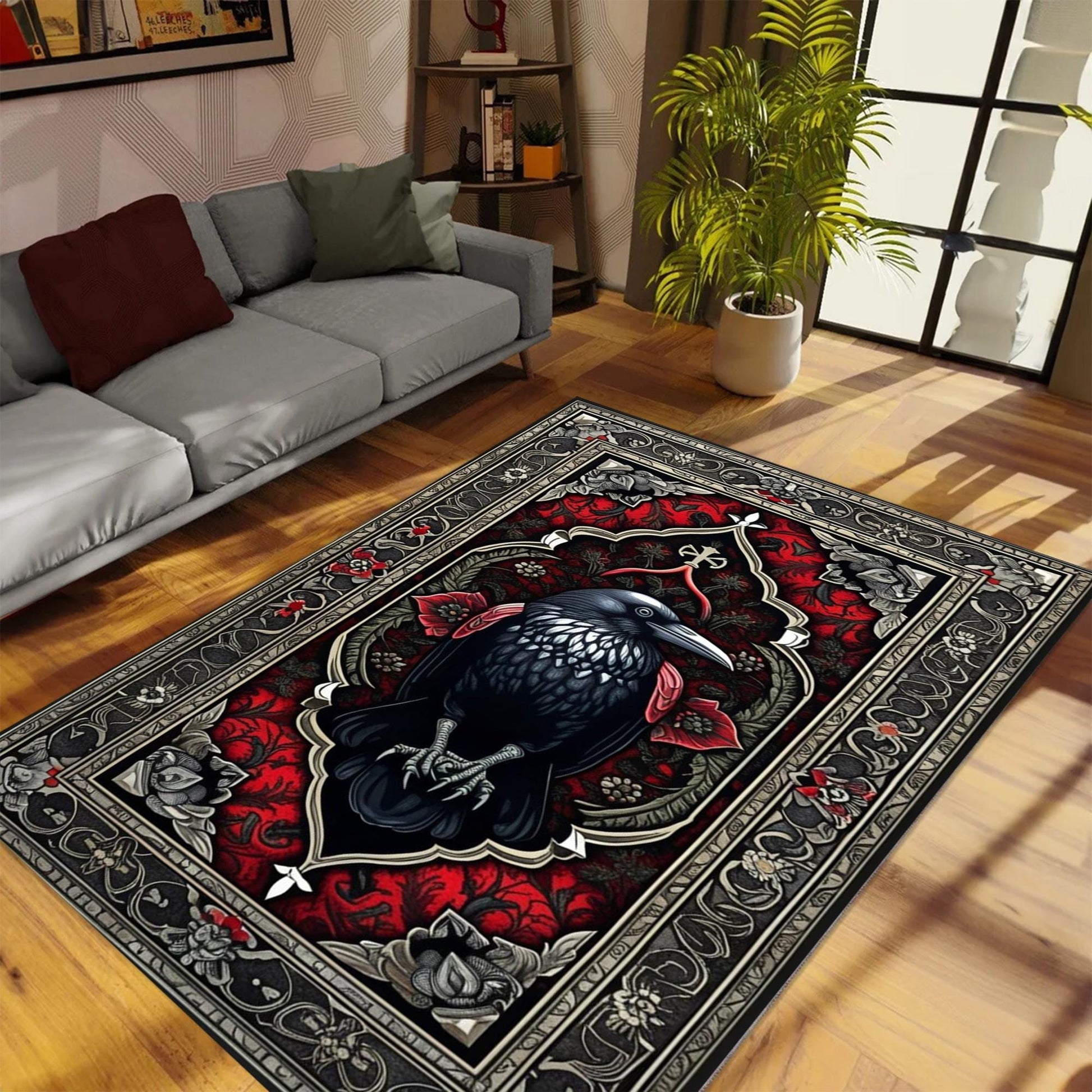 Raven Rug Dark Academia Boho Fairycore Decor | Satanic Gothic Crowcore Cottagecore Rug Witchy Aesthetic Carpet