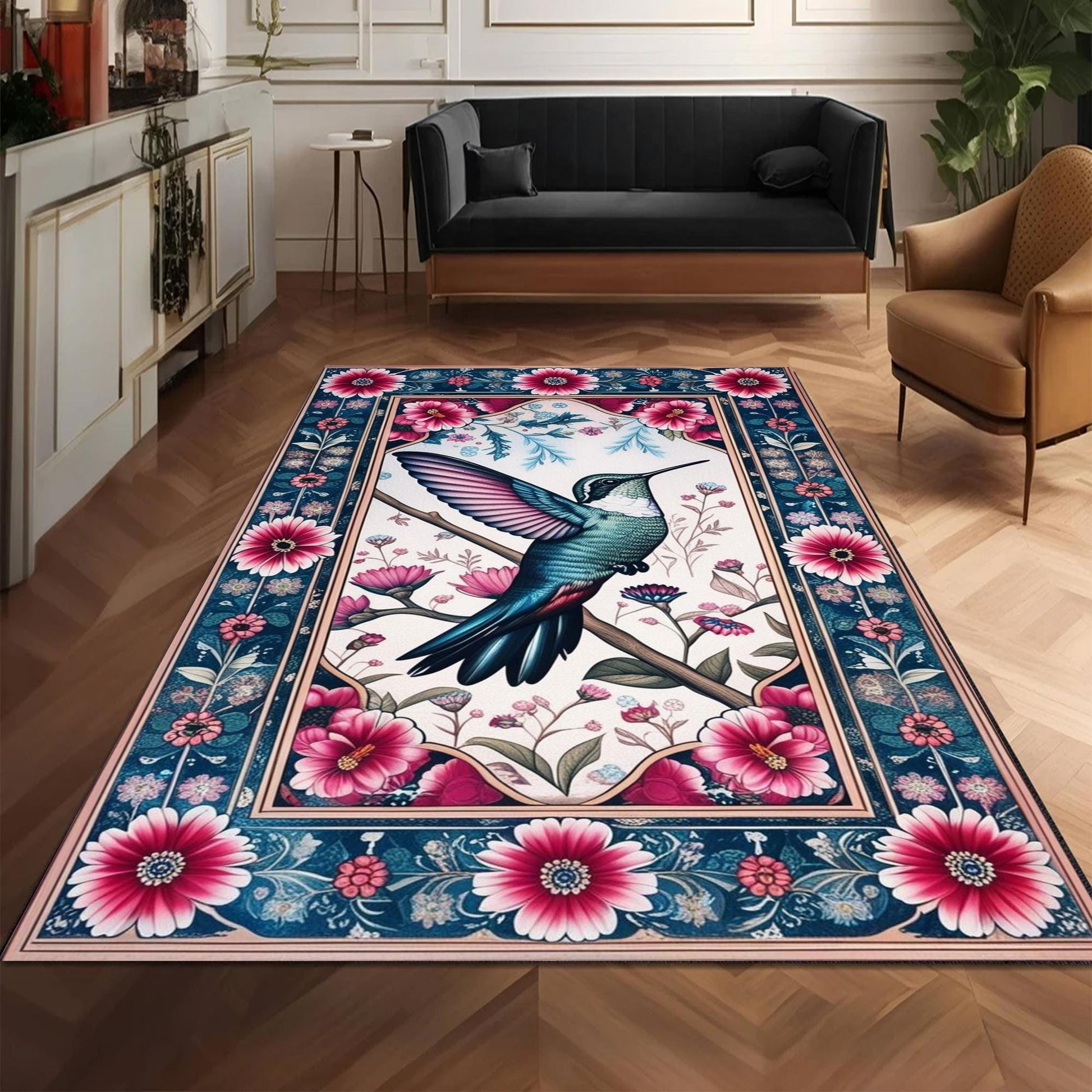 Hummingbird Area Rug with Flowers – Rustic Birds Floor Carpet, Nature-Inspired Home Decor, Soft & Durable Hummingbirds Rug for Living Room