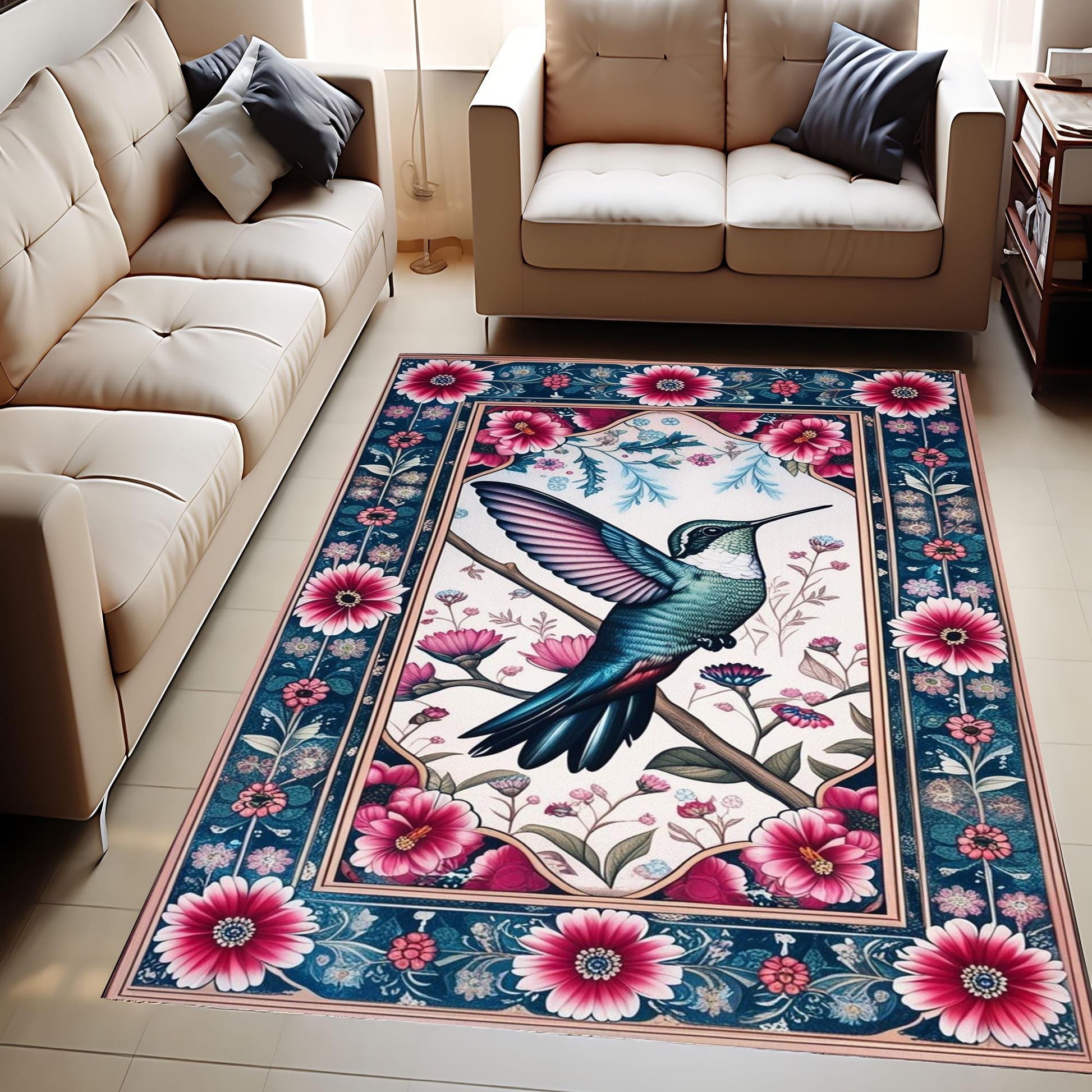 Hummingbird Area Rug with Flowers – Rustic Birds Floor Carpet, Nature-Inspired Home Decor, Soft & Durable Hummingbirds Rug for Living Room