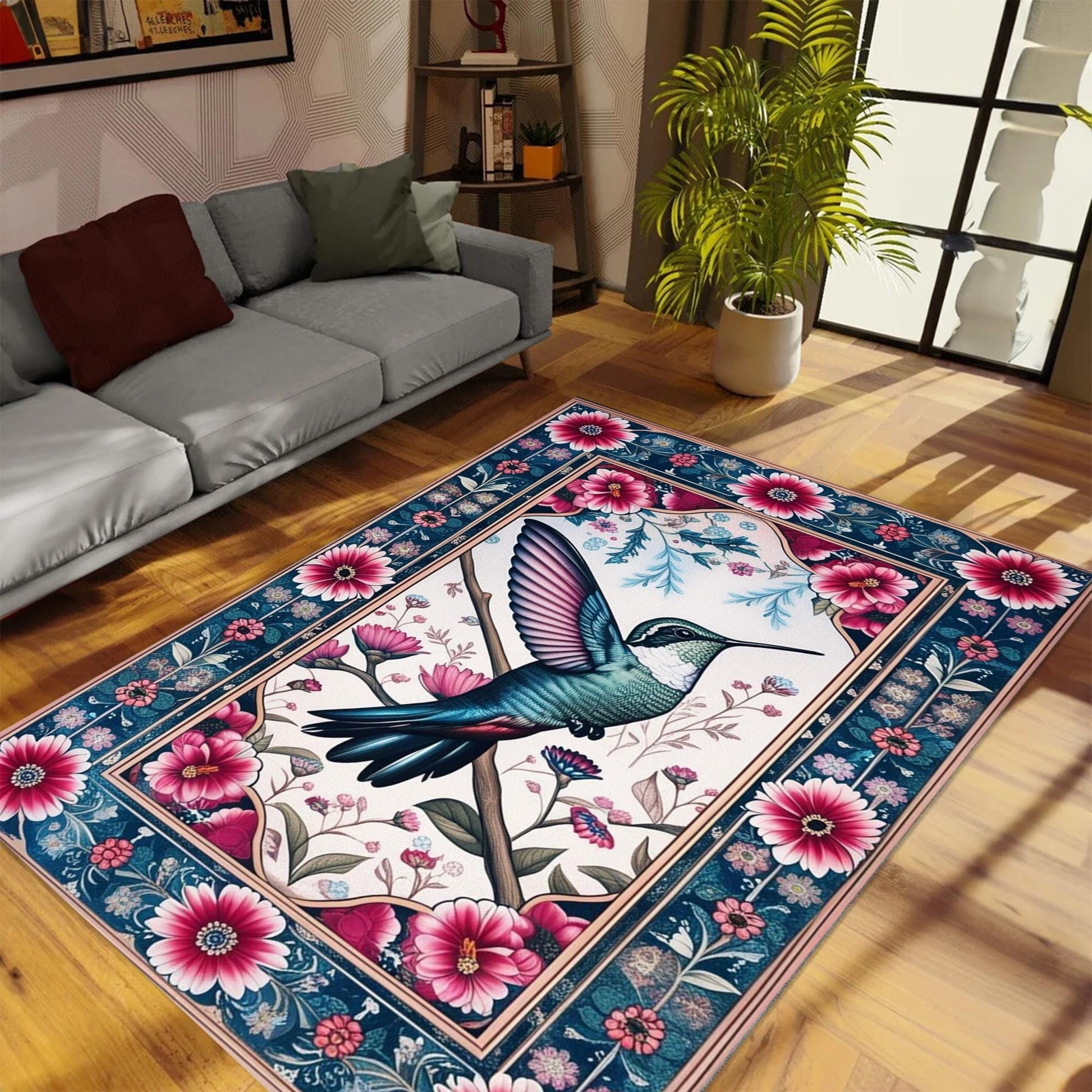 Hummingbird Area Rug with Flowers – Rustic Birds Floor Carpet, Nature-Inspired Home Decor, Soft & Durable Hummingbirds Rug for Living Room