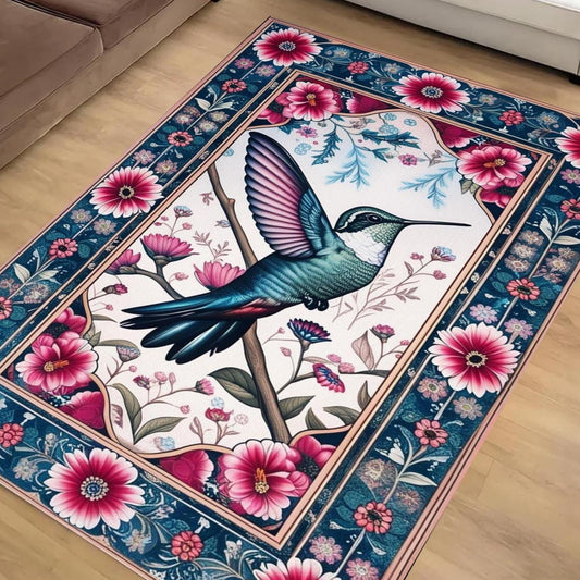 Hummingbird Area Rug with Flowers – Rustic Birds Floor Carpet, Nature-Inspired Home Decor, Soft & Durable Hummingbirds Rug for Living Room