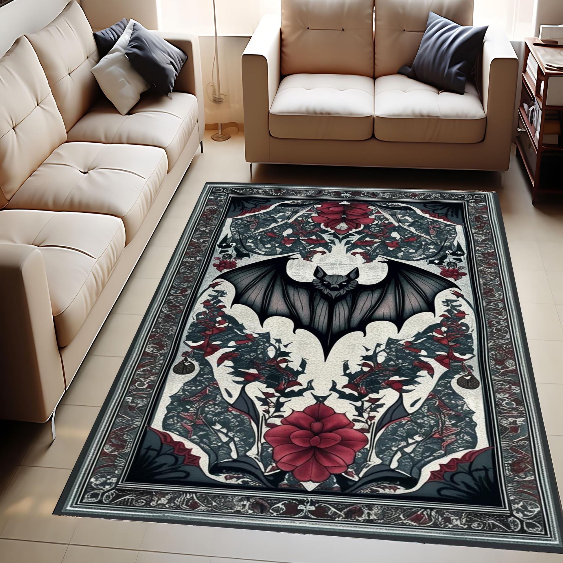 Gothic Bat Rug with Red Floral, Witchcore Decor Carpet for Dark Academia Room, Elegant Gothic Tapestry for Maximalist Goth Interiors