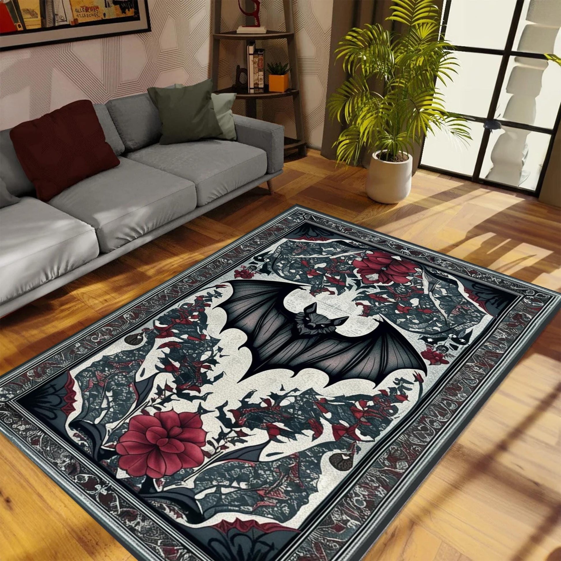 Gothic Bat Rug with Red Floral, Witchcore Decor Carpet for Dark Academia Room, Elegant Gothic Tapestry for Maximalist Goth Interiors