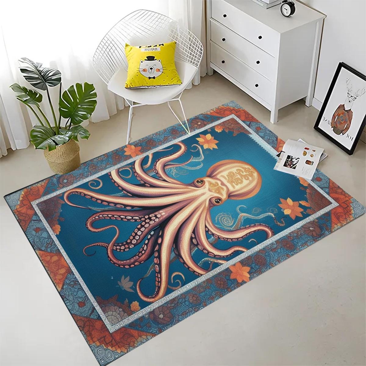 Octopus Area Rug with Persian Border, Unique Ocean Theme Carpet, Sea Creature Art Maximalist Decor for Living Room Statement Floor Covering