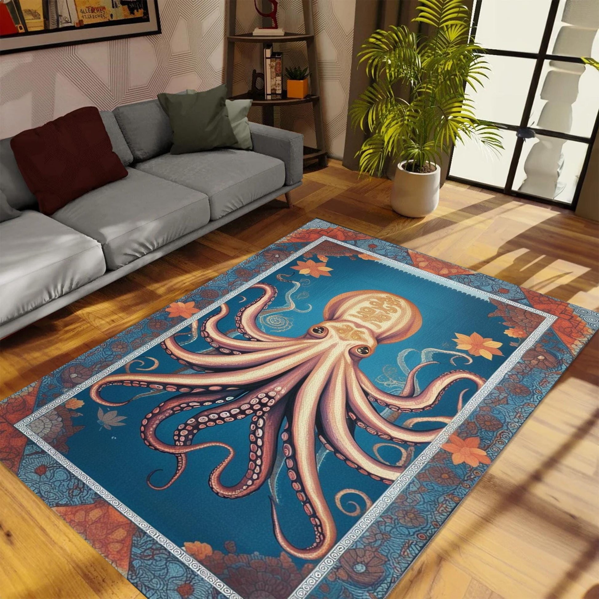 Octopus Area Rug with Persian Border, Unique Ocean Theme Carpet, Sea Creature Art Maximalist Decor for Living Room Statement Floor Covering