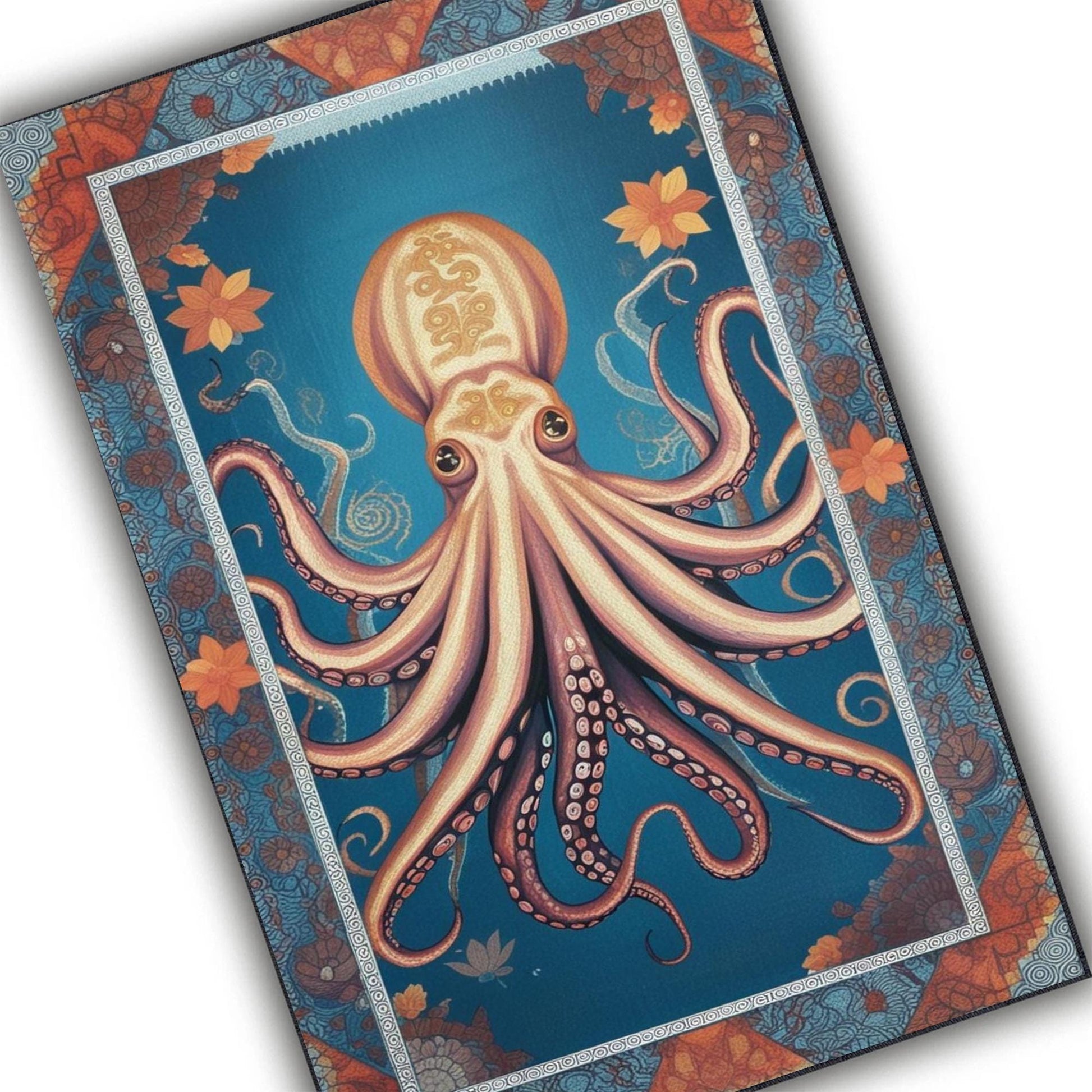 Octopus Area Rug with Persian Border, Unique Ocean Theme Carpet, Sea Creature Art Maximalist Decor for Living Room Statement Floor Covering