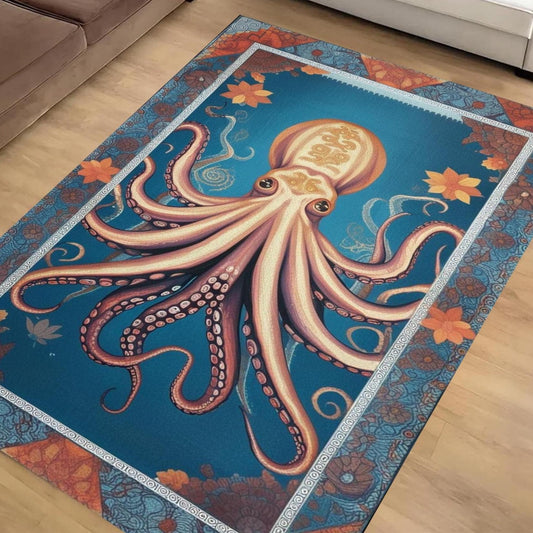 Octopus Area Rug with Persian Border, Unique Ocean Theme Carpet, Sea Creature Art Maximalist Decor for Living Room Statement Floor Covering