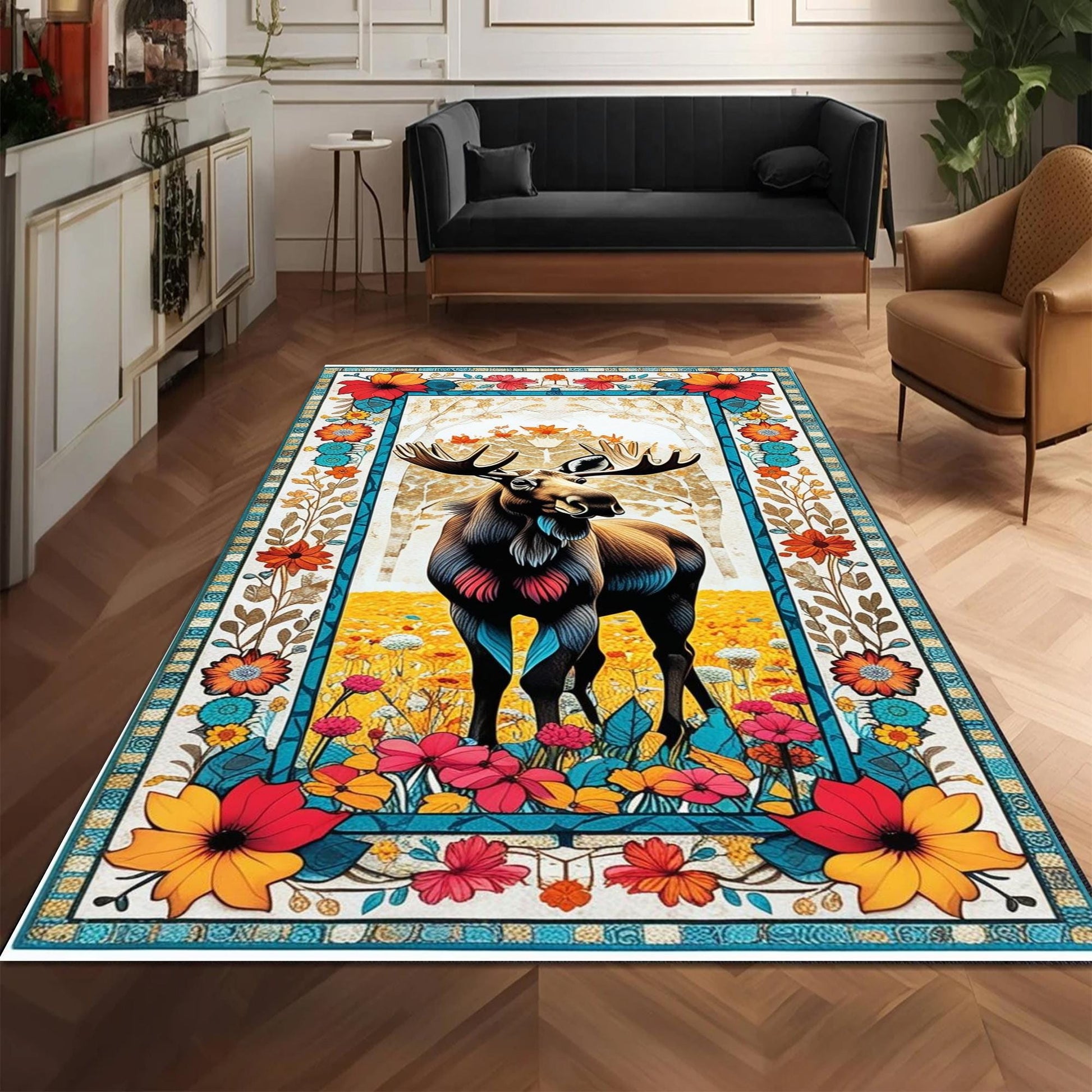 Black Deer Pattern Area Rug for Cabin Lodge Rustic Home Decor, Nordic Forest Animal Print Carpet for Living Room Charm