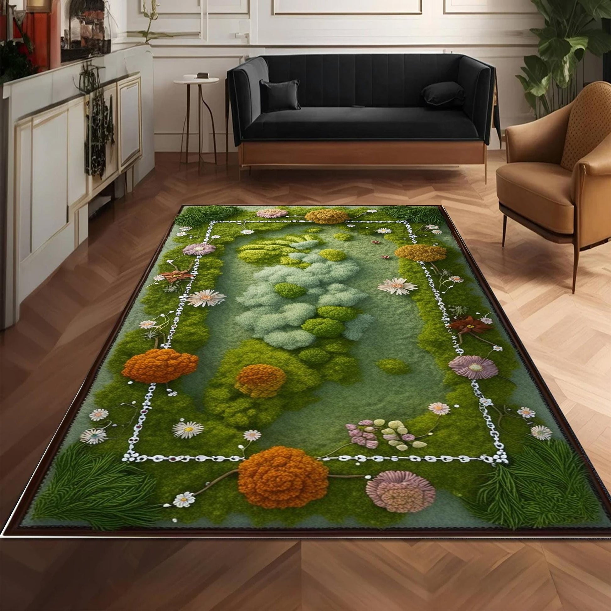 Botanical Moss Area Rug - Washable Green Floral Rug for Cottagecore, Farmhouse & Garden Inspired Home Decor Wildflower Plant Design