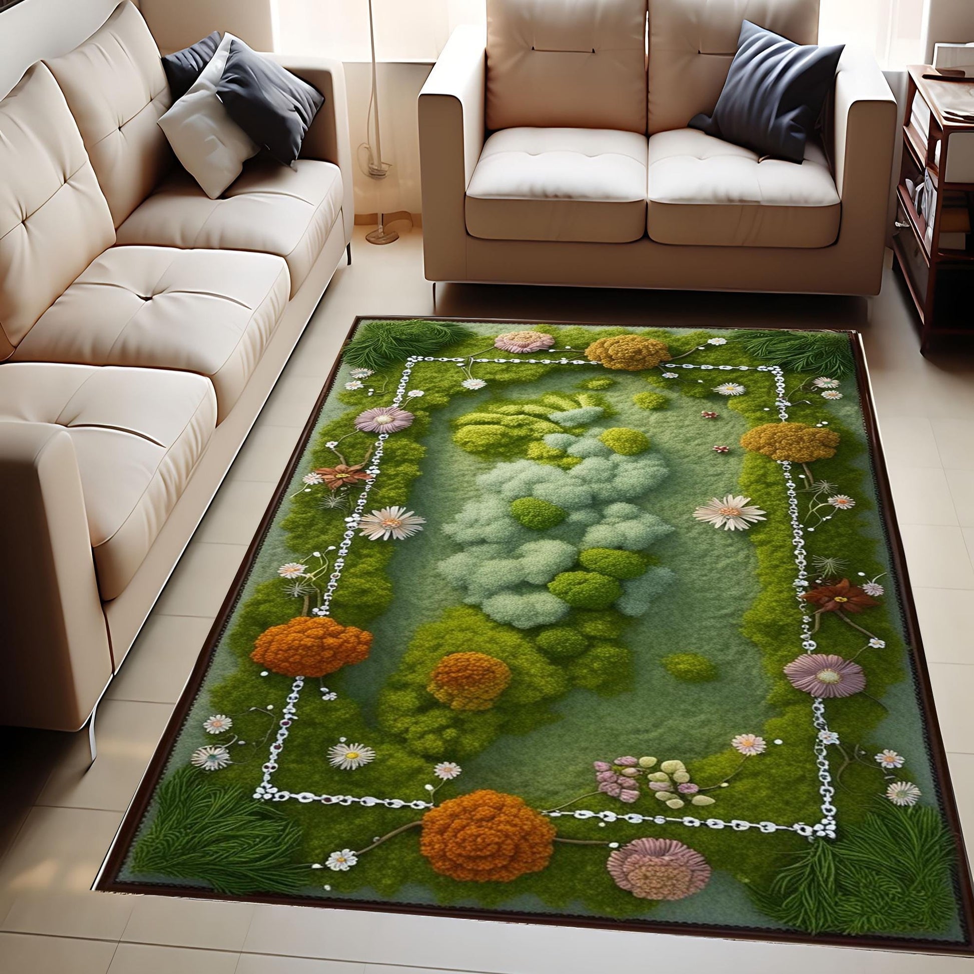 Botanical Moss Area Rug - Washable Green Floral Rug for Cottagecore, Farmhouse & Garden Inspired Home Decor Wildflower Plant Design