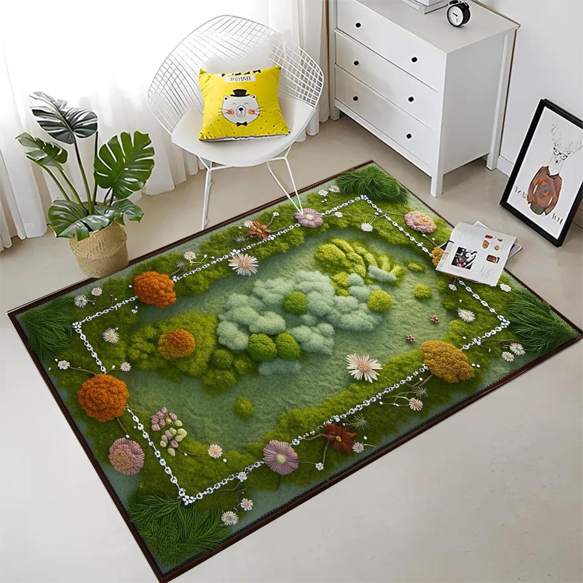 Botanical Moss Area Rug - Washable Green Floral Rug for Cottagecore, Farmhouse & Garden Inspired Home Decor Wildflower Plant Design