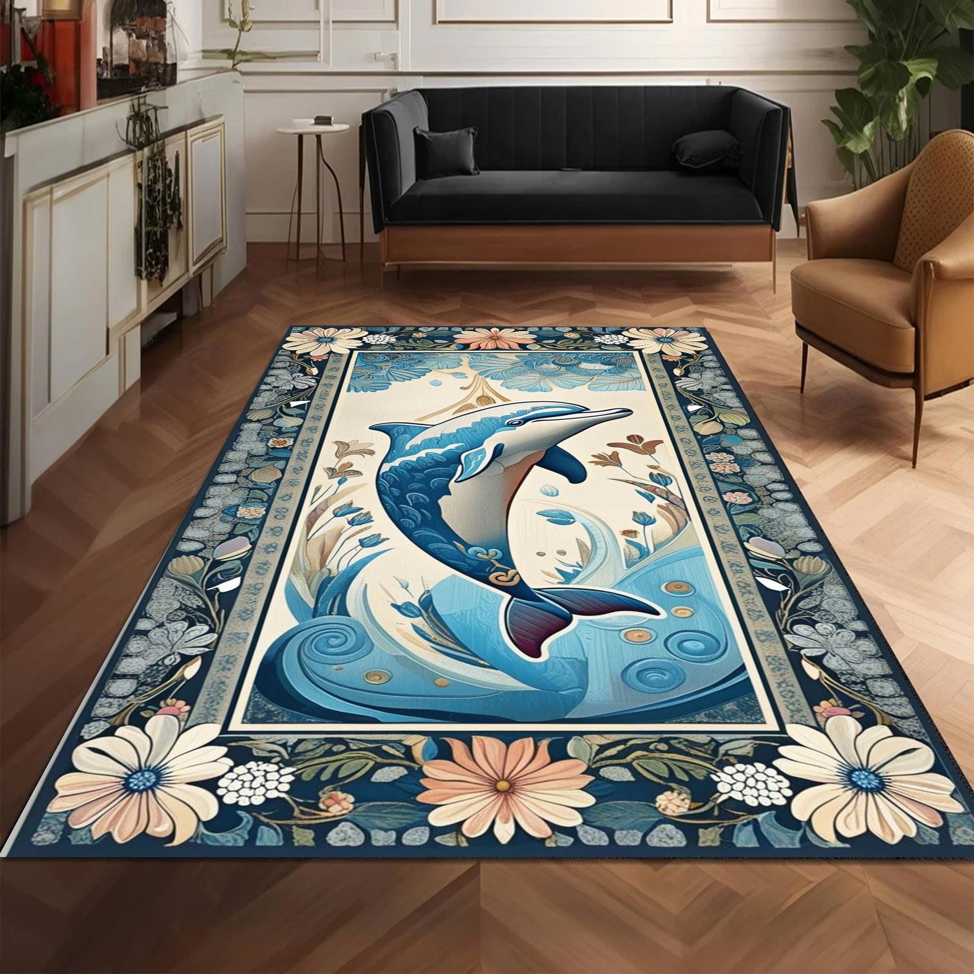 Dolphin Design Rug with Floral Persian Border, Underwater Animals Sea Rug for Living Room, Unique Gift Rug & Home Decor