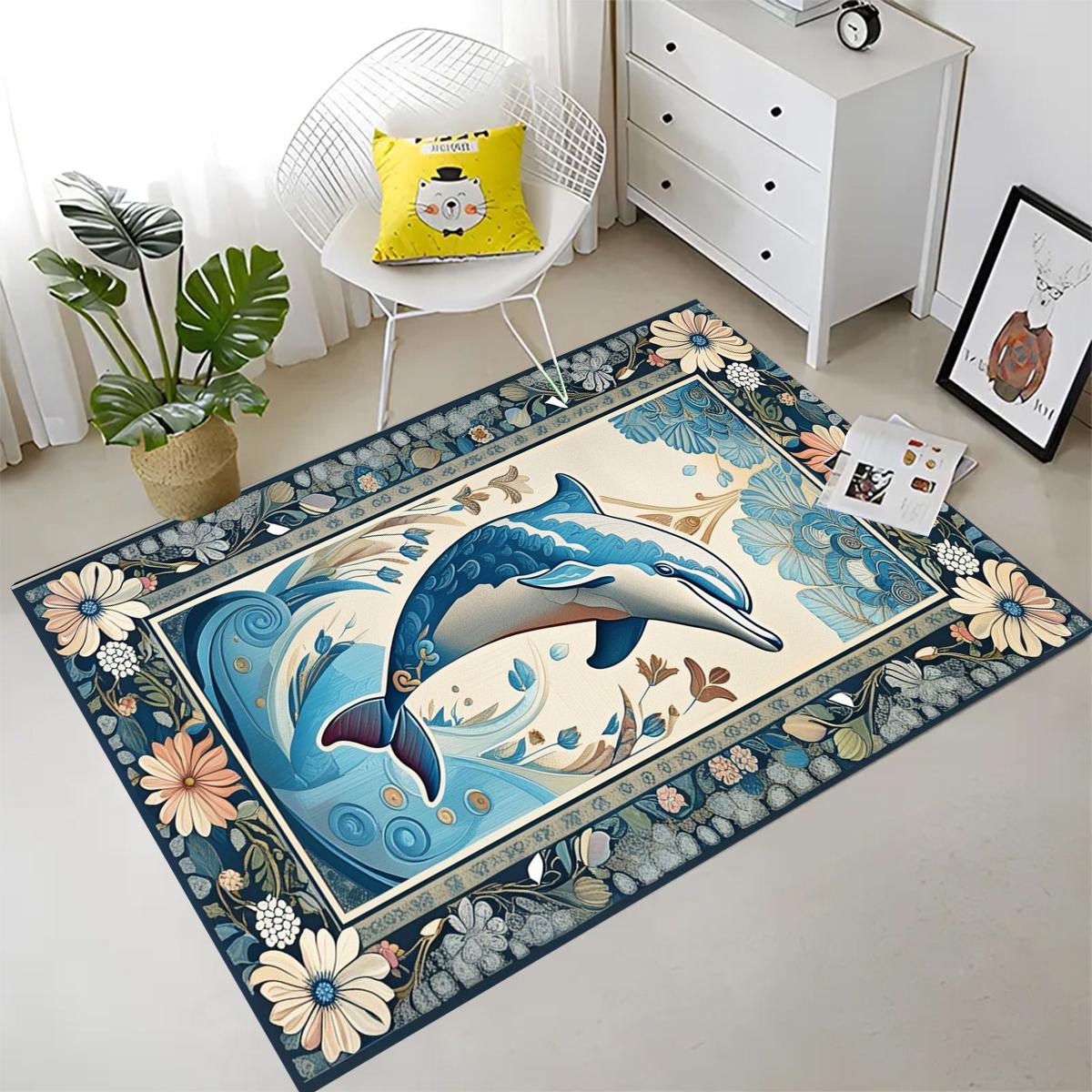 Dolphin Design Rug with Floral Persian Border, Underwater Animals Sea Rug for Living Room, Unique Gift Rug & Home Decor