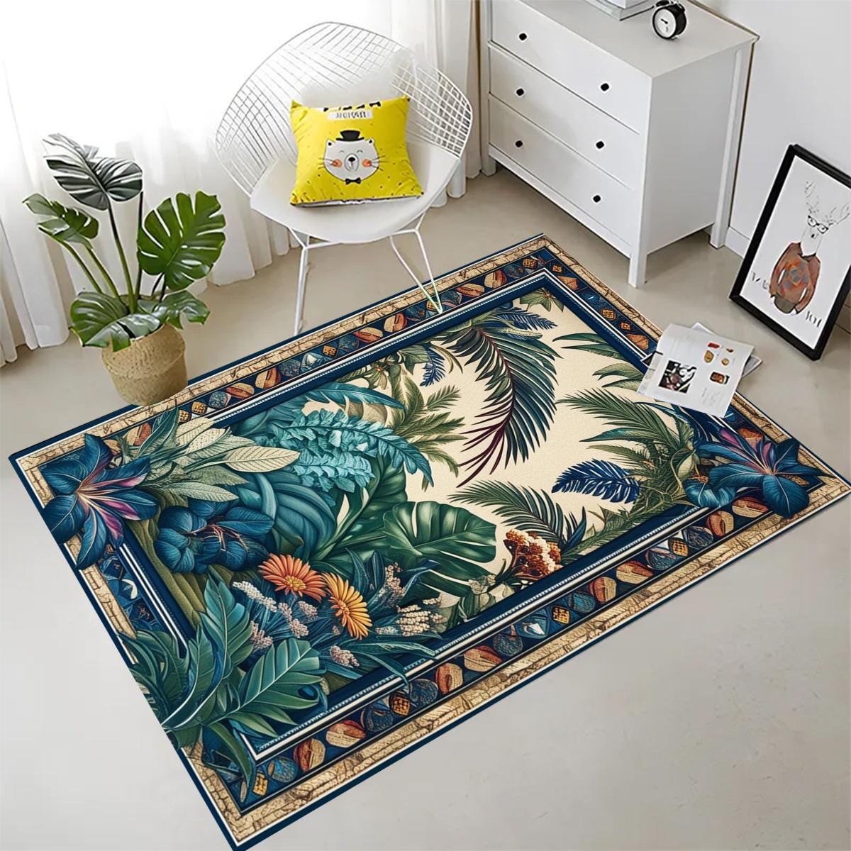 Tropical Forest Area Rug Non-Slip - Palm Trees Jungle Floral Carpet for Living Room Boho Botanical Nature Floor Decor