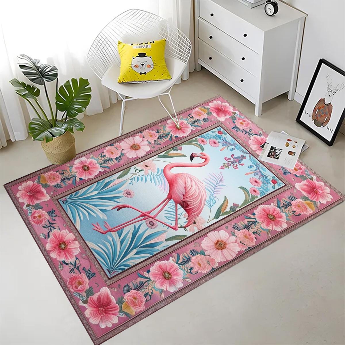 Flamingo Rug with Persian Border, Animal Floral Art Deco Decor Unique Living Room Entry Maximalist Popular Accent Carpet