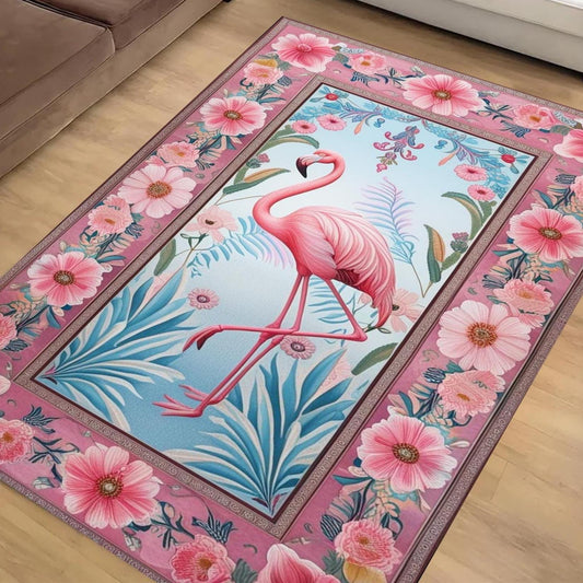 Flamingo Rug with Persian Border, Animal Floral Art Deco Decor Unique Living Room Entry Maximalist Popular Accent Carpet