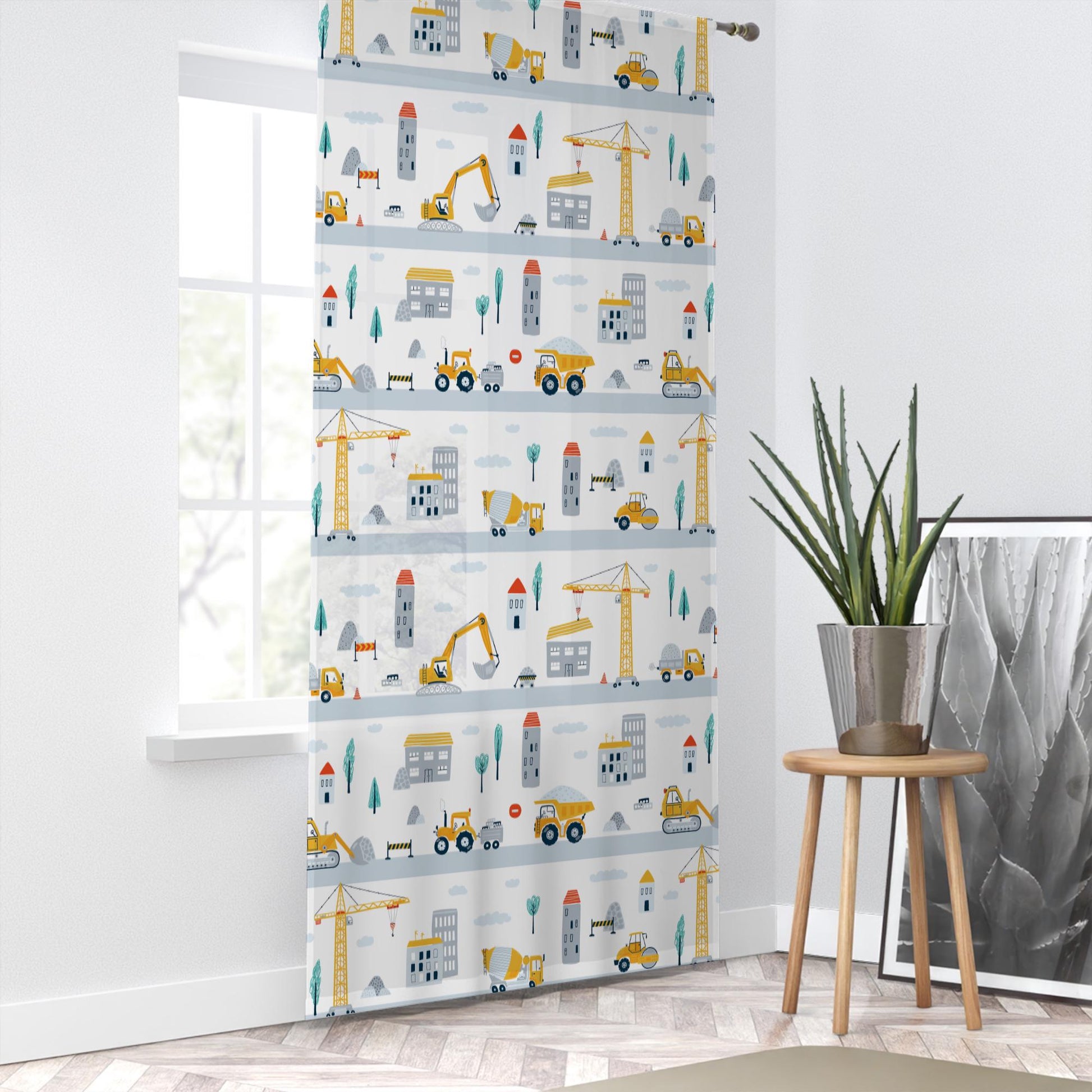 Construction Equipment Sheer Curtain for Kids Room, Lightweight Crane Truck Tractor Bulldozer Nursery Net Voile, Baby Room Window Drapes