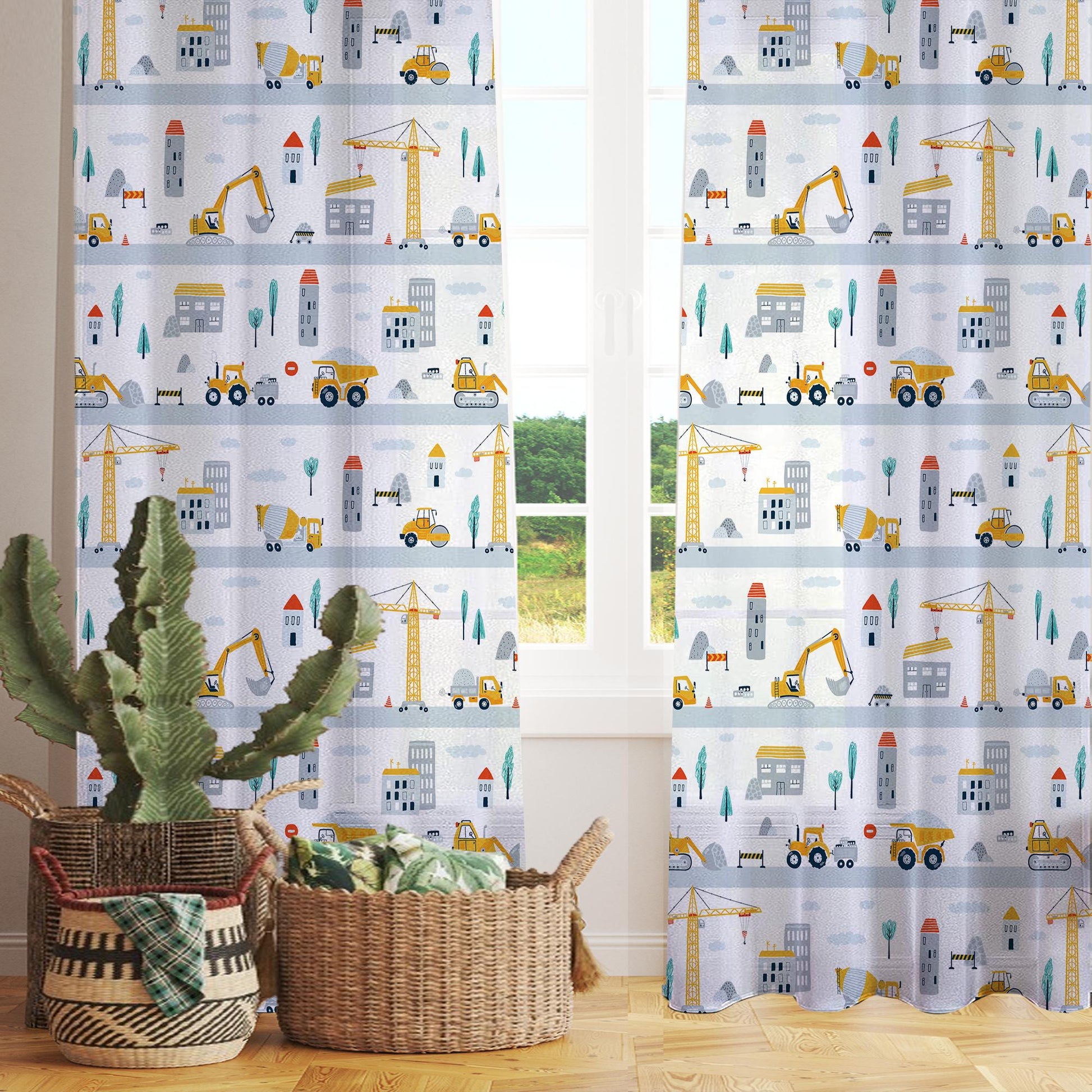 Construction Equipment Sheer Curtain for Kids Room, Lightweight Crane Truck Tractor Bulldozer Nursery Net Voile, Baby Room Window Drapes