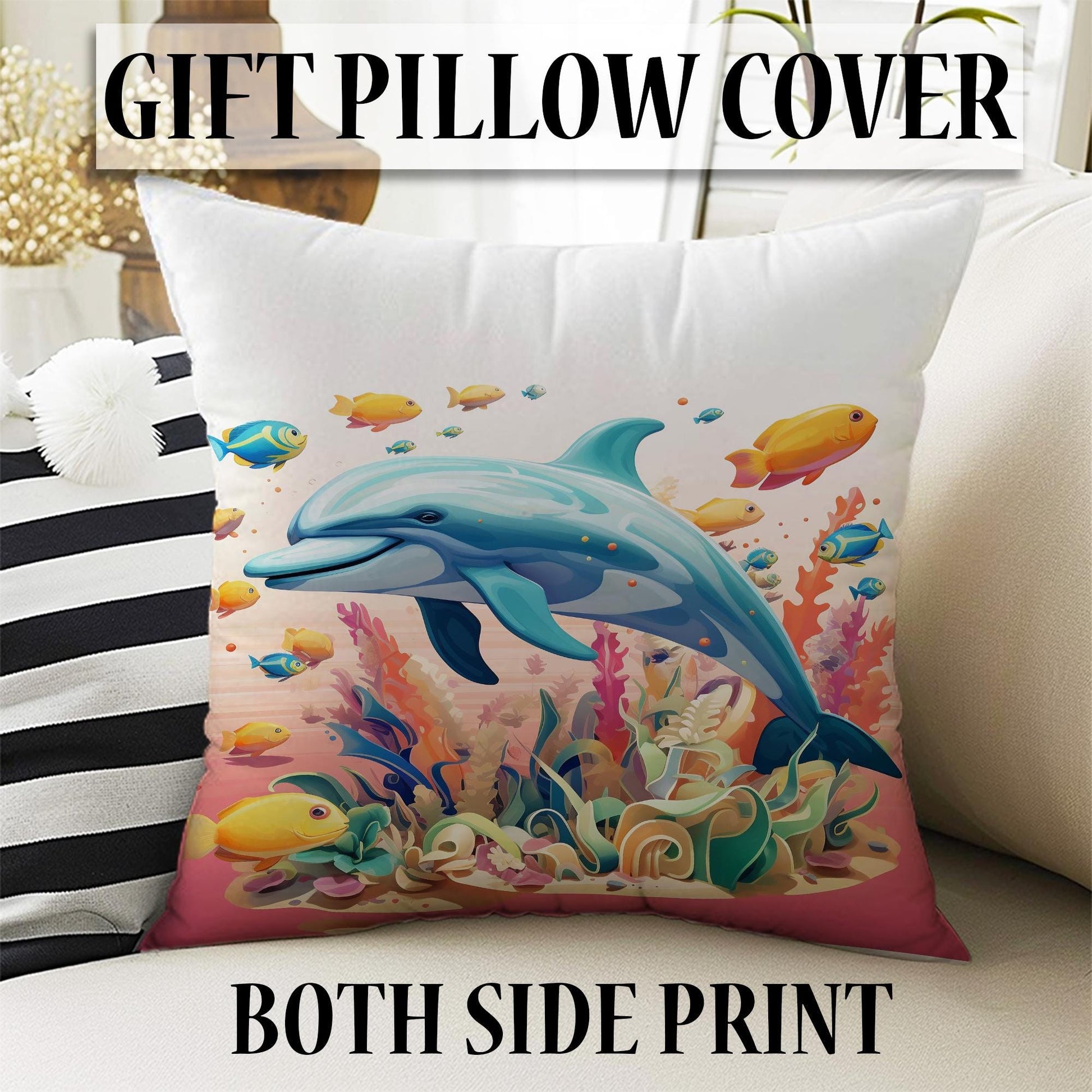 Tropical Fishes Dolphin Sheer Curtain for Kids Room, Lightweight Under Sea Nursery Net Voile, Baby Room Window Drapes
