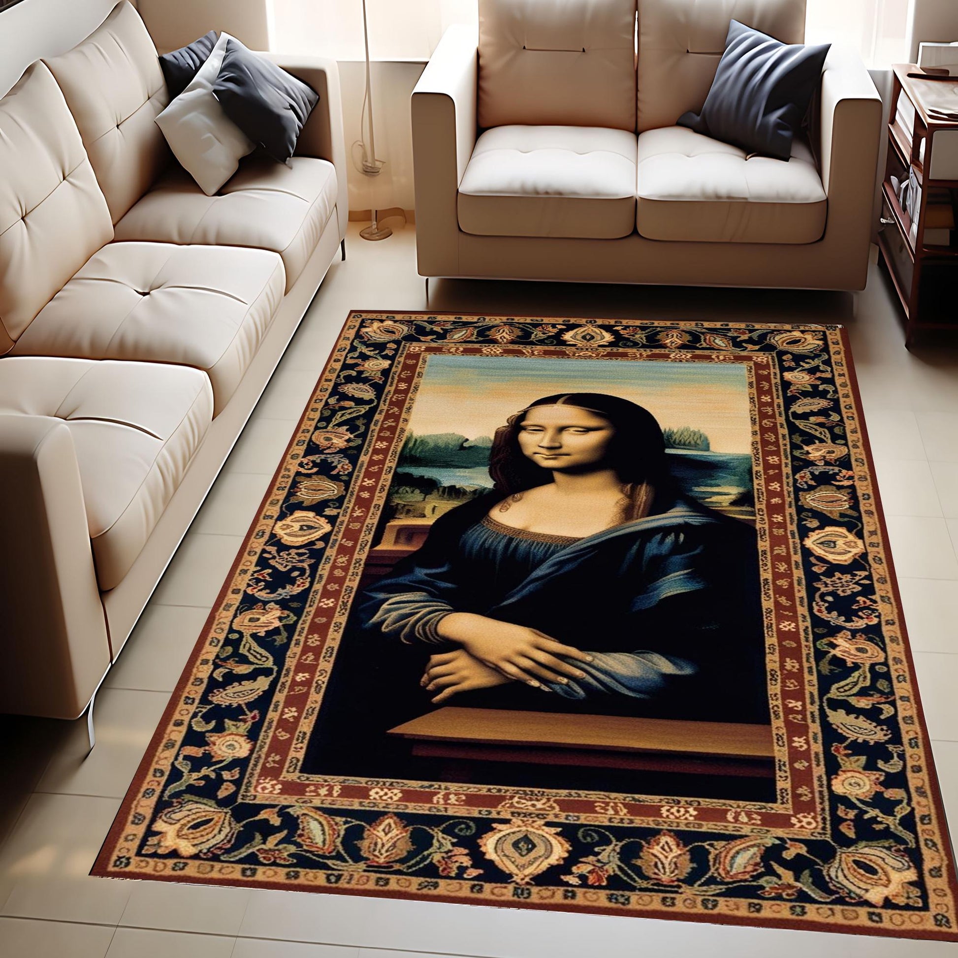 Mona Lisa Rug – Patterned Area Rug Featuring Leonardo da Vinci’s Famous Painting, Classical Art Decor, Unique Gift for Art Lovers