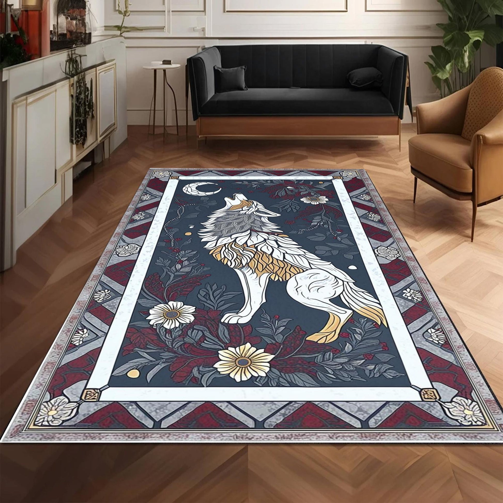 Majestic Wolf Rug with Floral Border, Realistic Non-Slip Area Rug for Rustic Homes, Cabins Nature Lovers, Washable Spirit Animal Decor Gift