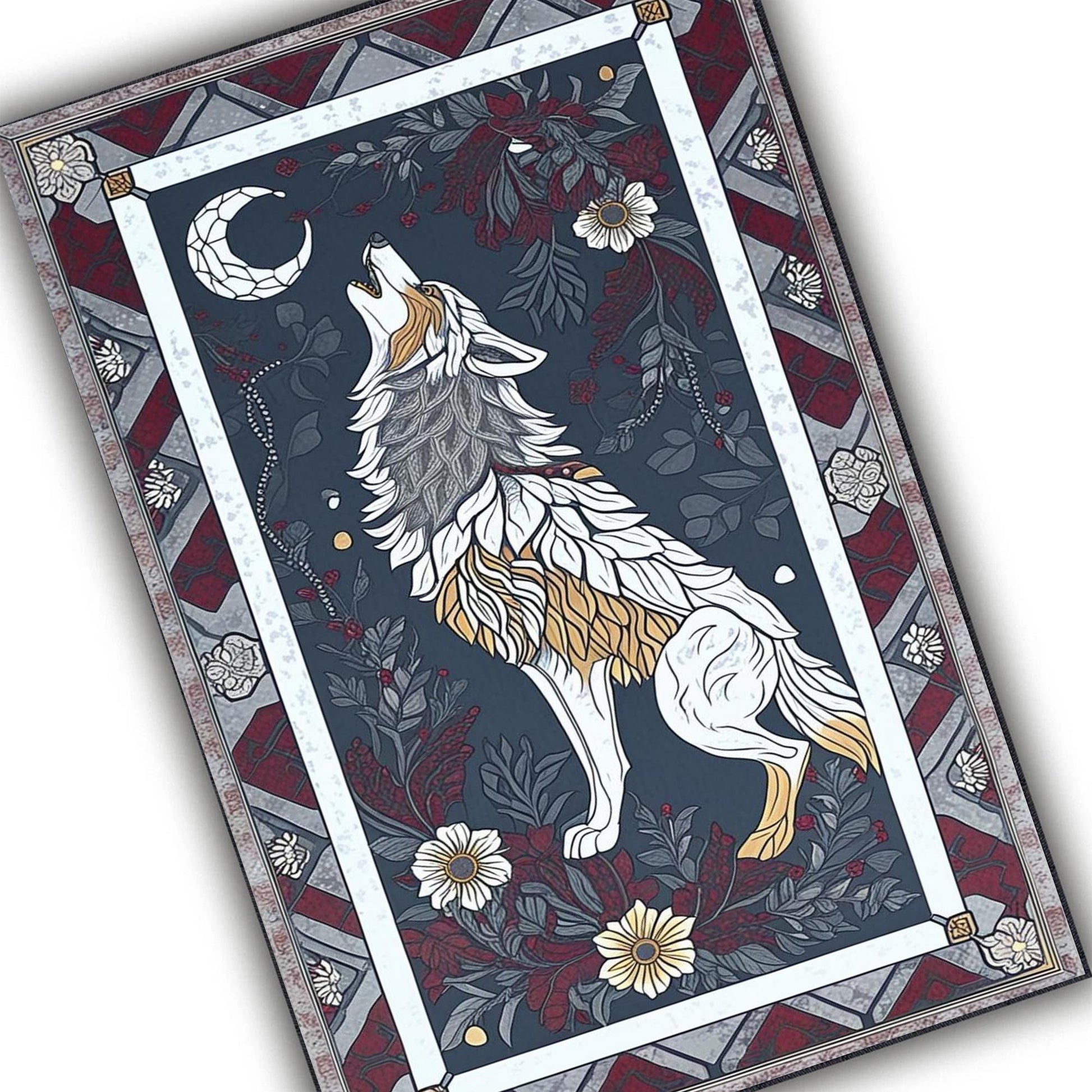 Majestic Wolf Rug with Floral Border, Realistic Non-Slip Area Rug for Rustic Homes, Cabins Nature Lovers, Washable Spirit Animal Decor Gift