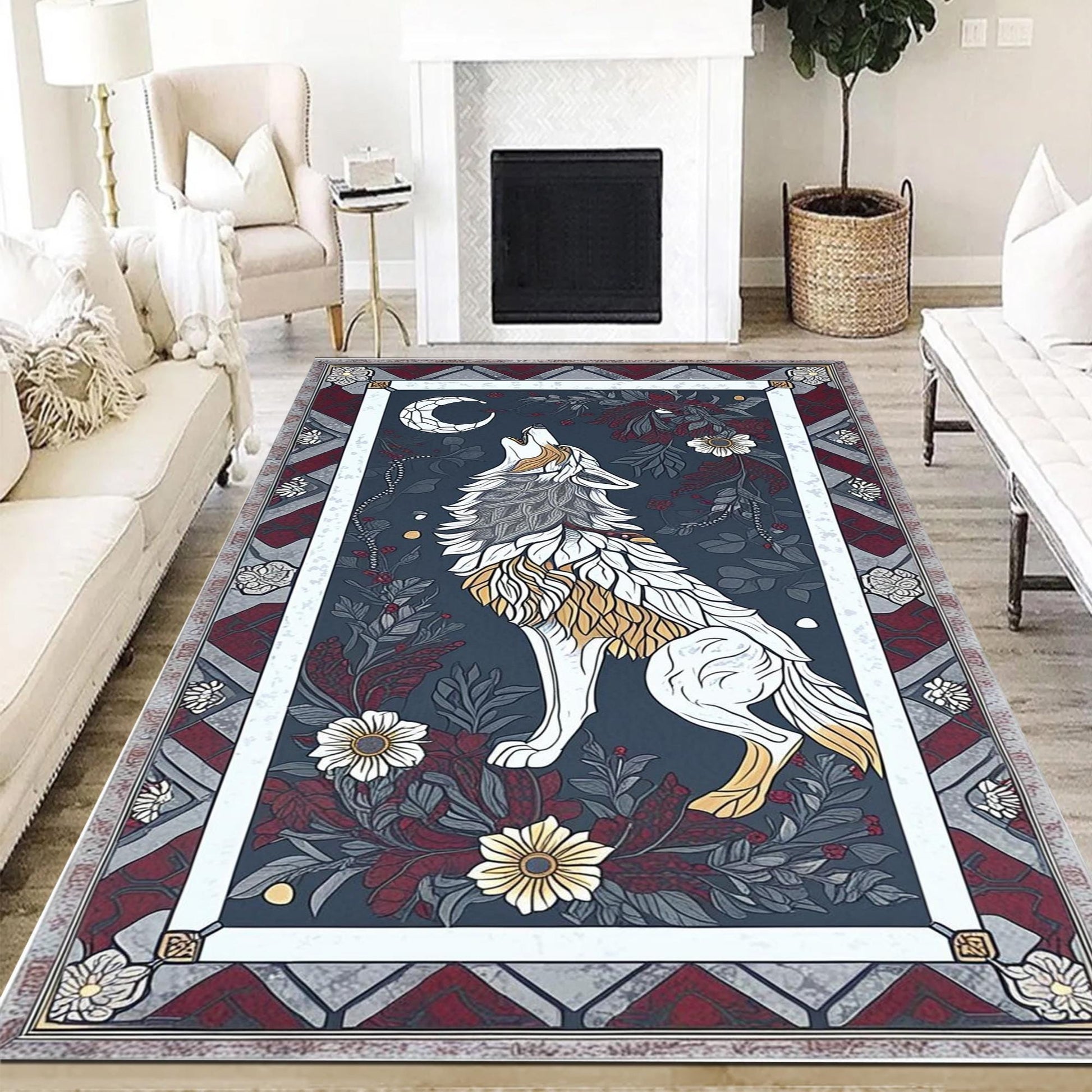 Majestic Wolf Rug with Floral Border, Realistic Non-Slip Area Rug for Rustic Homes, Cabins Nature Lovers, Washable Spirit Animal Decor Gift