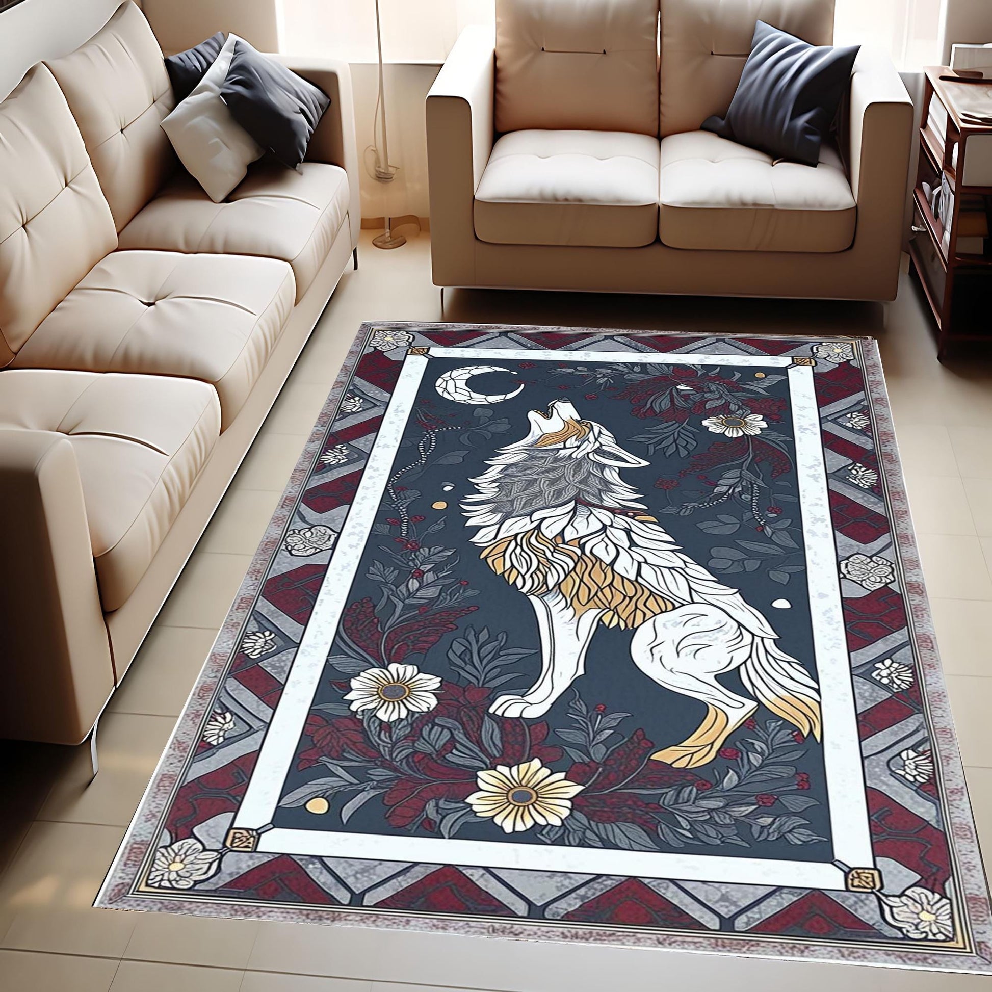 Majestic Wolf Rug with Floral Border, Realistic Non-Slip Area Rug for Rustic Homes, Cabins Nature Lovers, Washable Spirit Animal Decor Gift