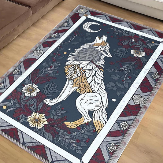 Majestic Wolf Rug with Floral Border, Realistic Non-Slip Area Rug for Rustic Homes, Cabins Nature Lovers, Washable Spirit Animal Decor Gift