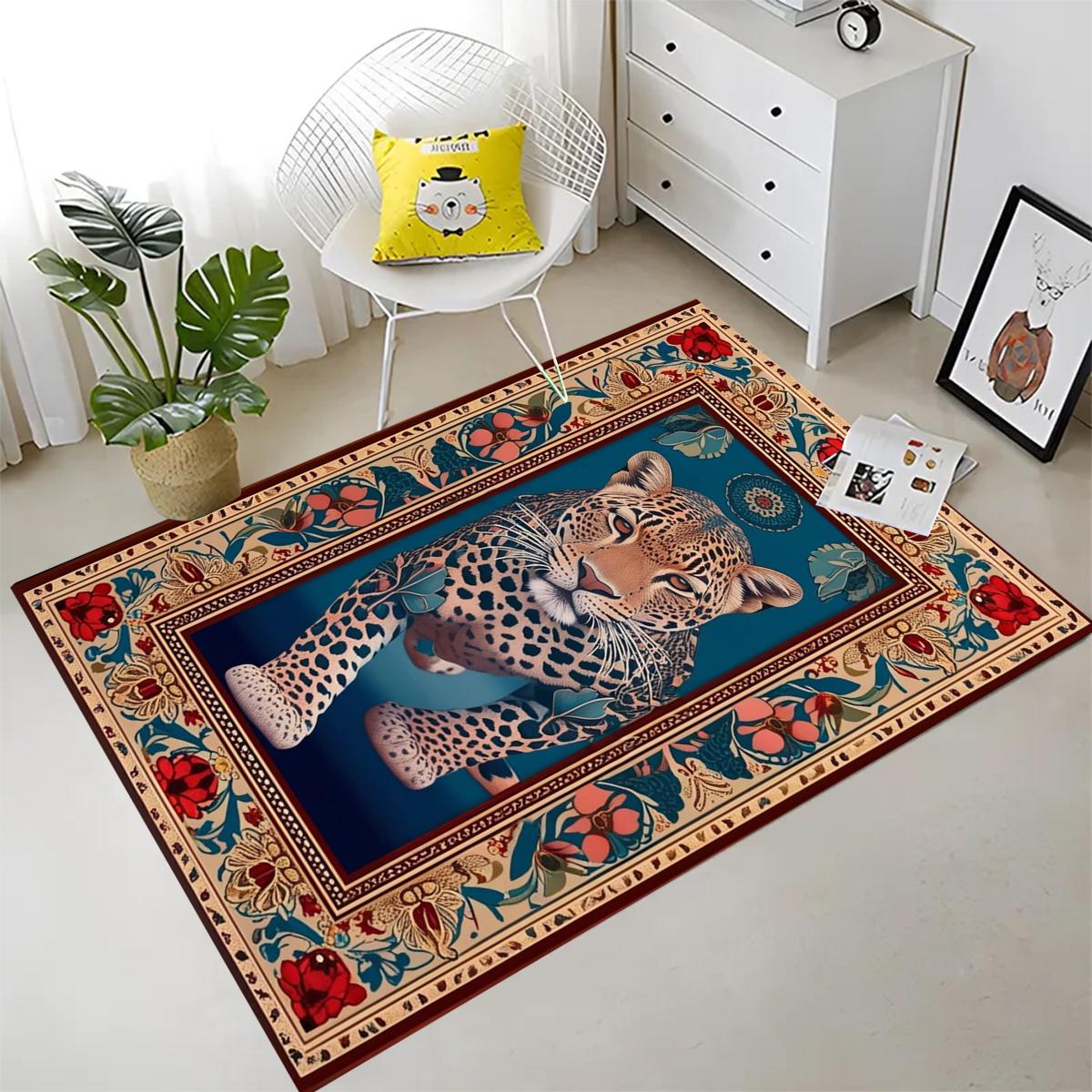 Traditional Leopard Rug, Colorful Painting Style Rustic Area Rug, Animal Print Home Decor, Unique Tribal Accent Carpet