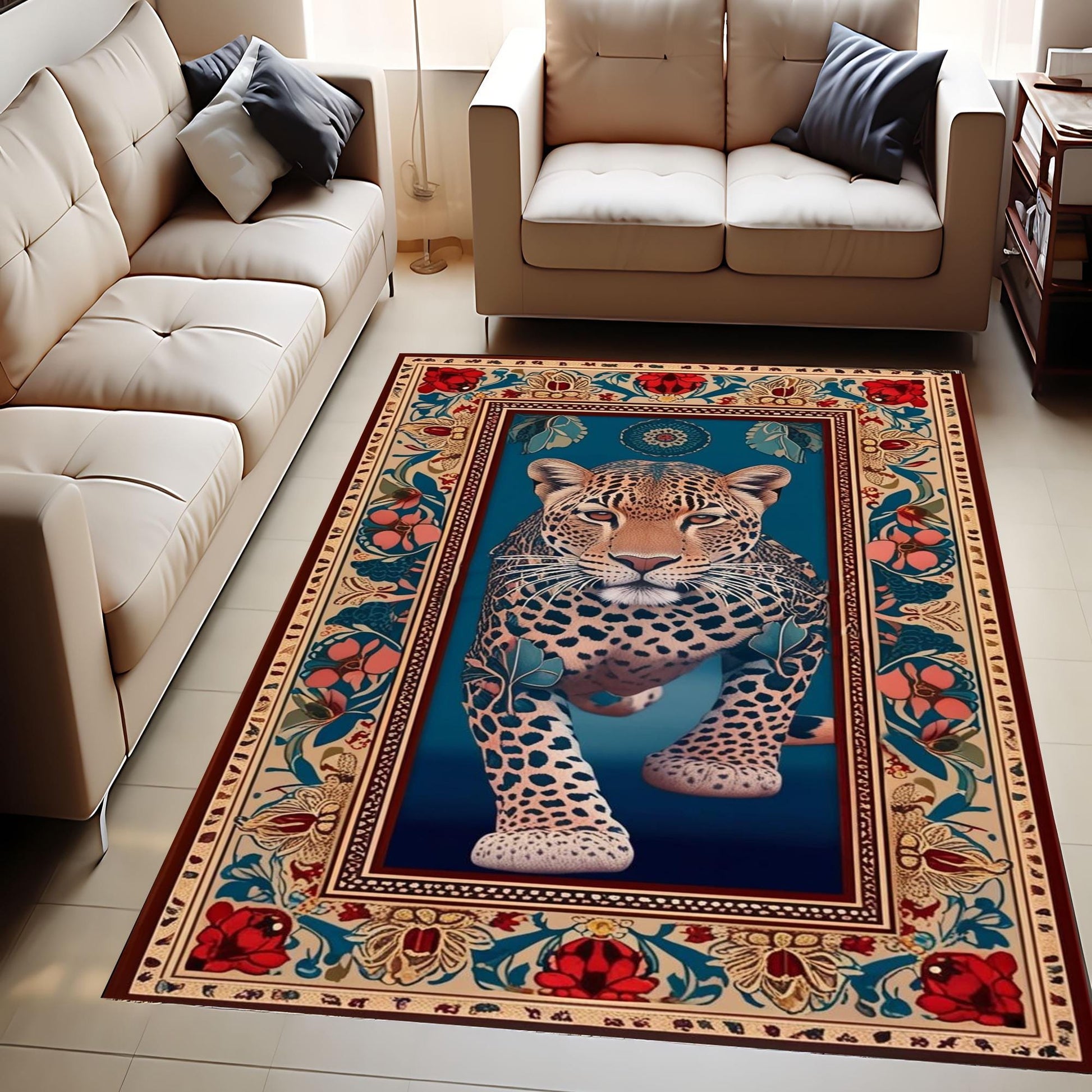 Traditional Leopard Rug, Colorful Painting Style Rustic Area Rug, Animal Print Home Decor, Unique Tribal Accent Carpet
