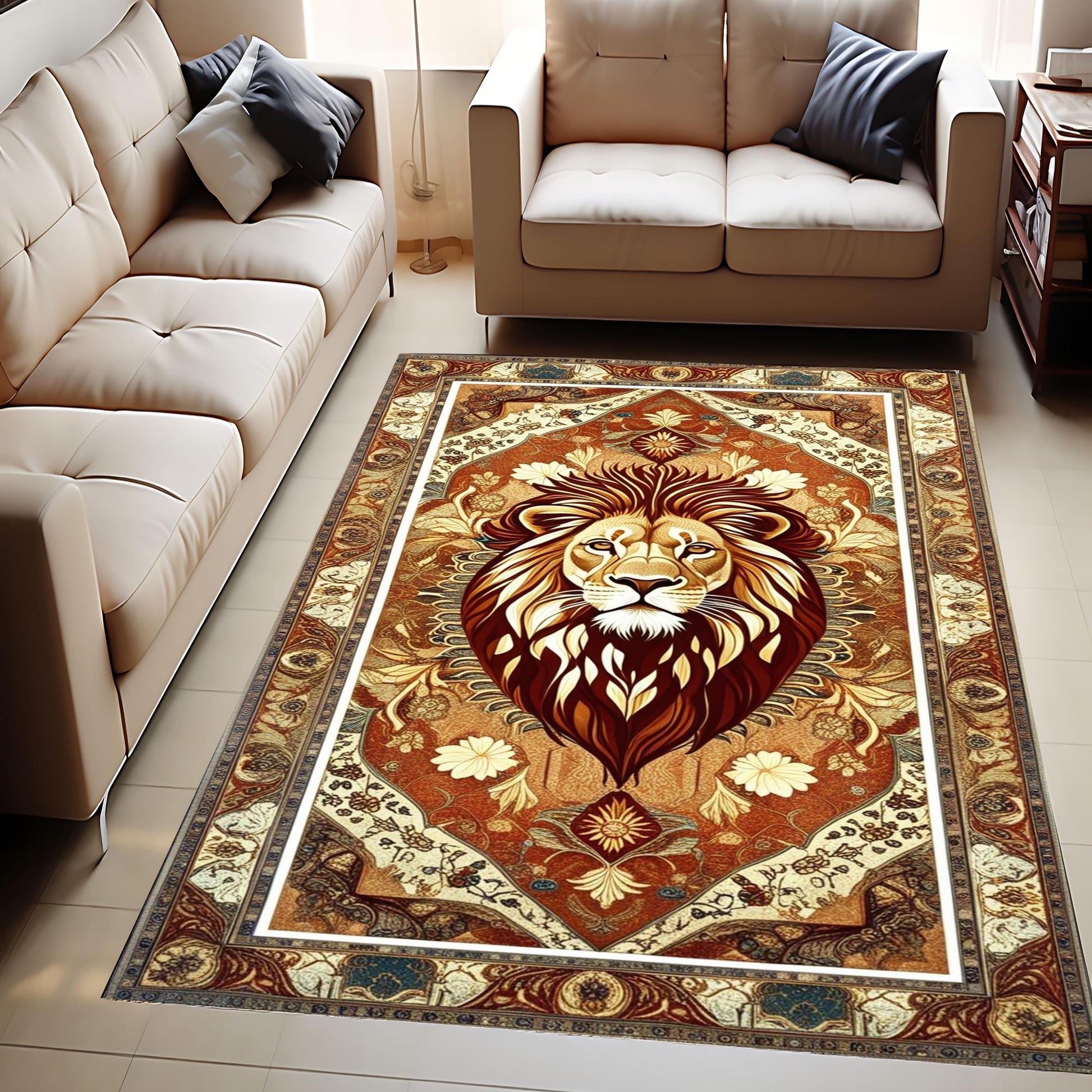 Vintage Lion Rug - Majestic Animal Area Rug for Living Room, Modern Vintage Style Lion Carpet, Popular Decorative Home Accent