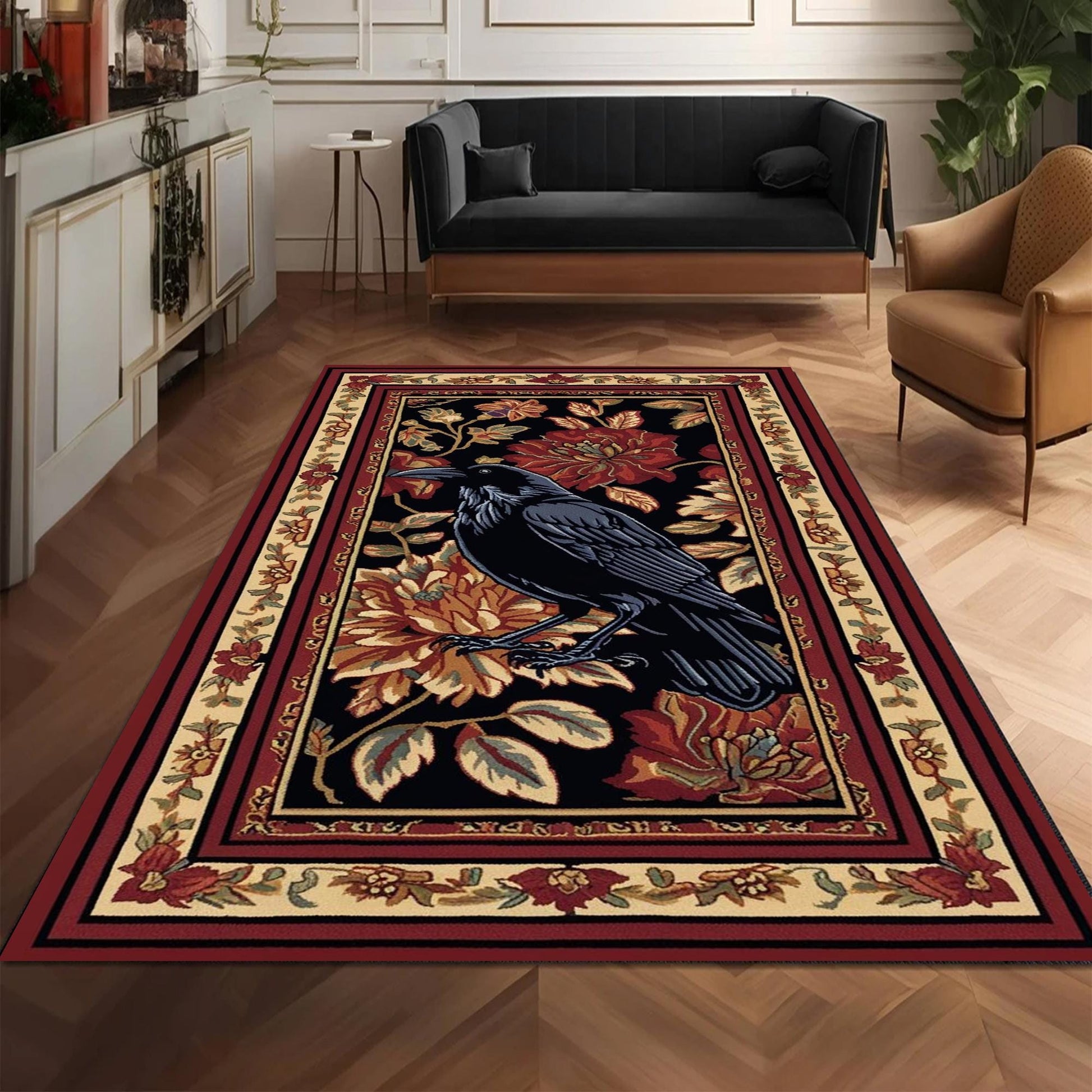 Whimsical Raven Rug Dark Brown Floral Boho Fairycore Decor | Cottagecore Crow Rug Woodland Gothic Crowcore Forestcore Aesthetic