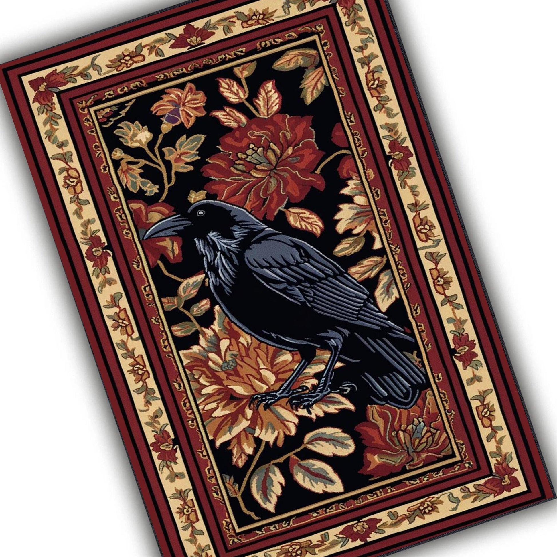 Whimsical Raven Rug Dark Brown Floral Boho Fairycore Decor | Cottagecore Crow Rug Woodland Gothic Crowcore Forestcore Aesthetic