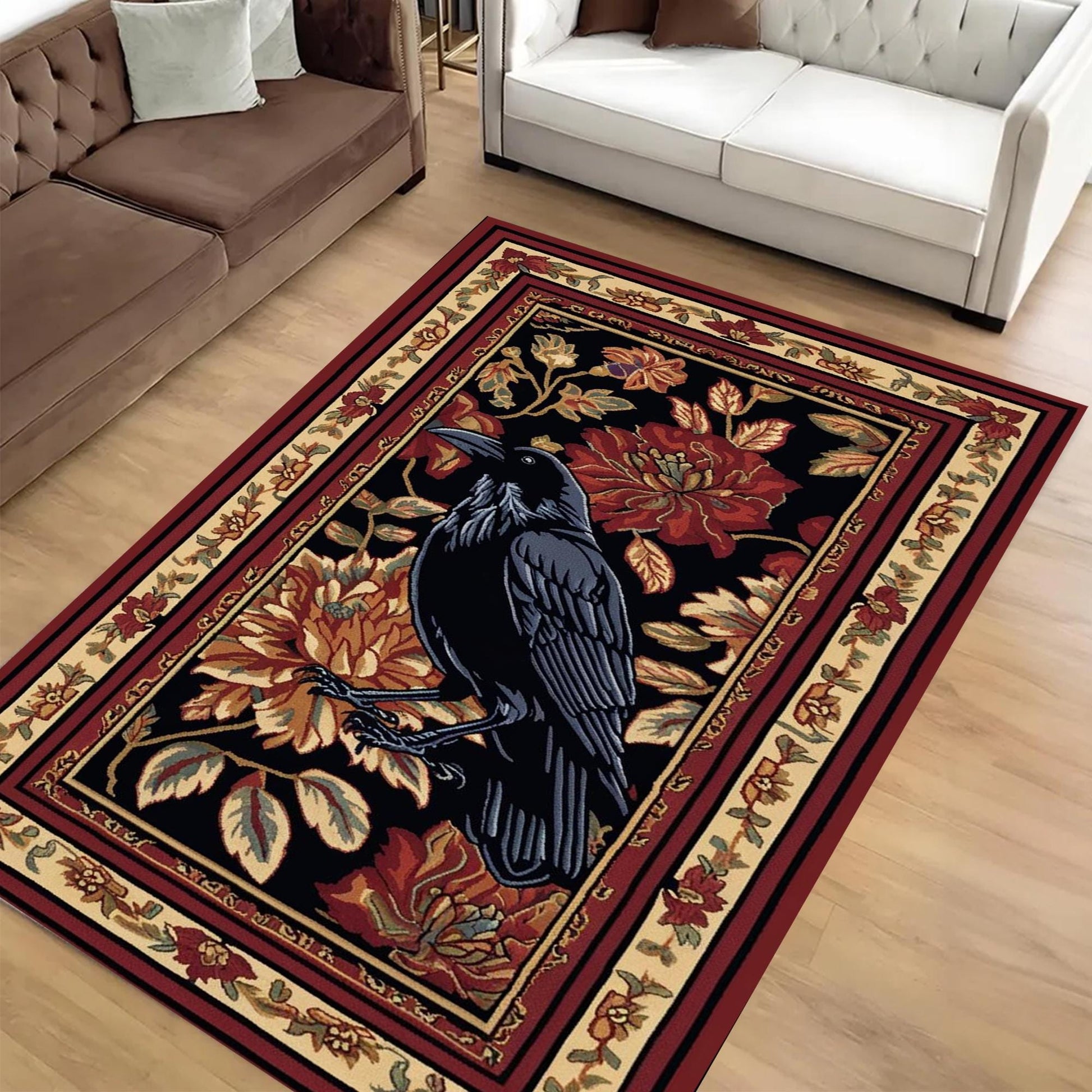 Whimsical Raven Rug Dark Brown Floral Boho Fairycore Decor | Cottagecore Crow Rug Woodland Gothic Crowcore Forestcore Aesthetic