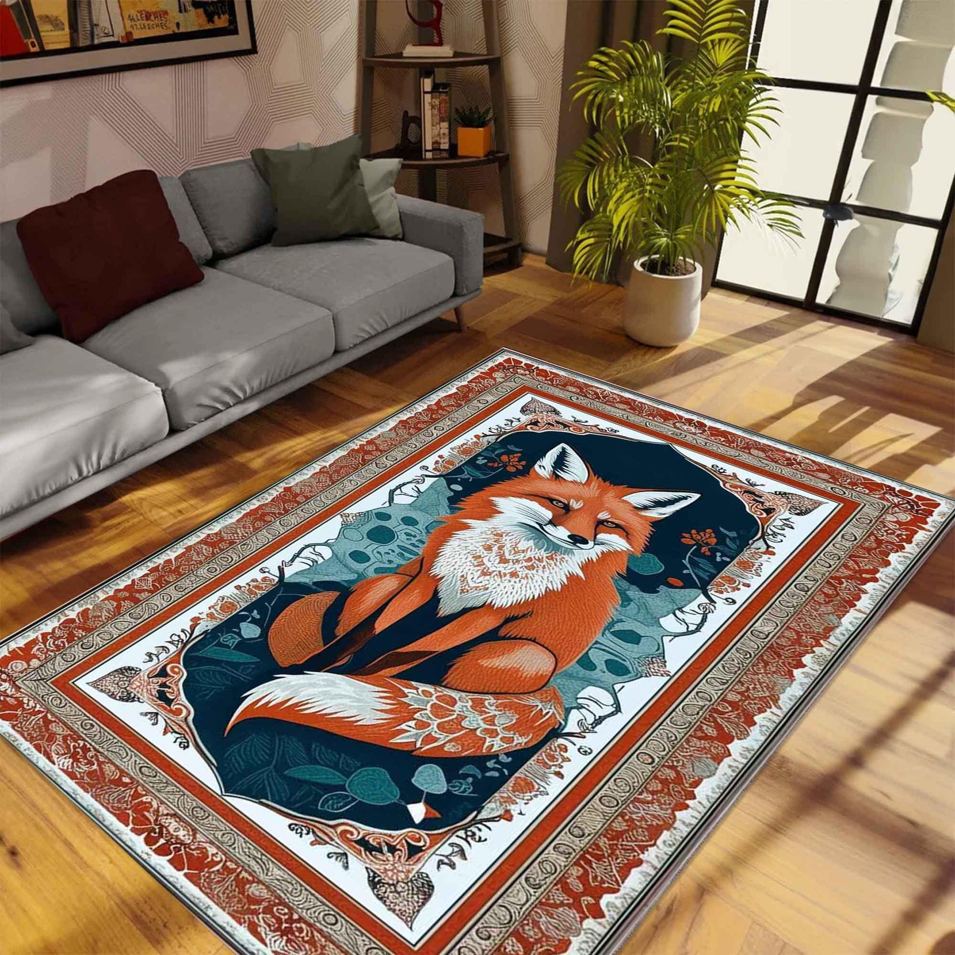 Rustic Fox Rug for Living Room - Whimsical Floral Animal Area Rug, Cute Orange Fox Decor Carpet, Vintage Kids Room Decorative Rug