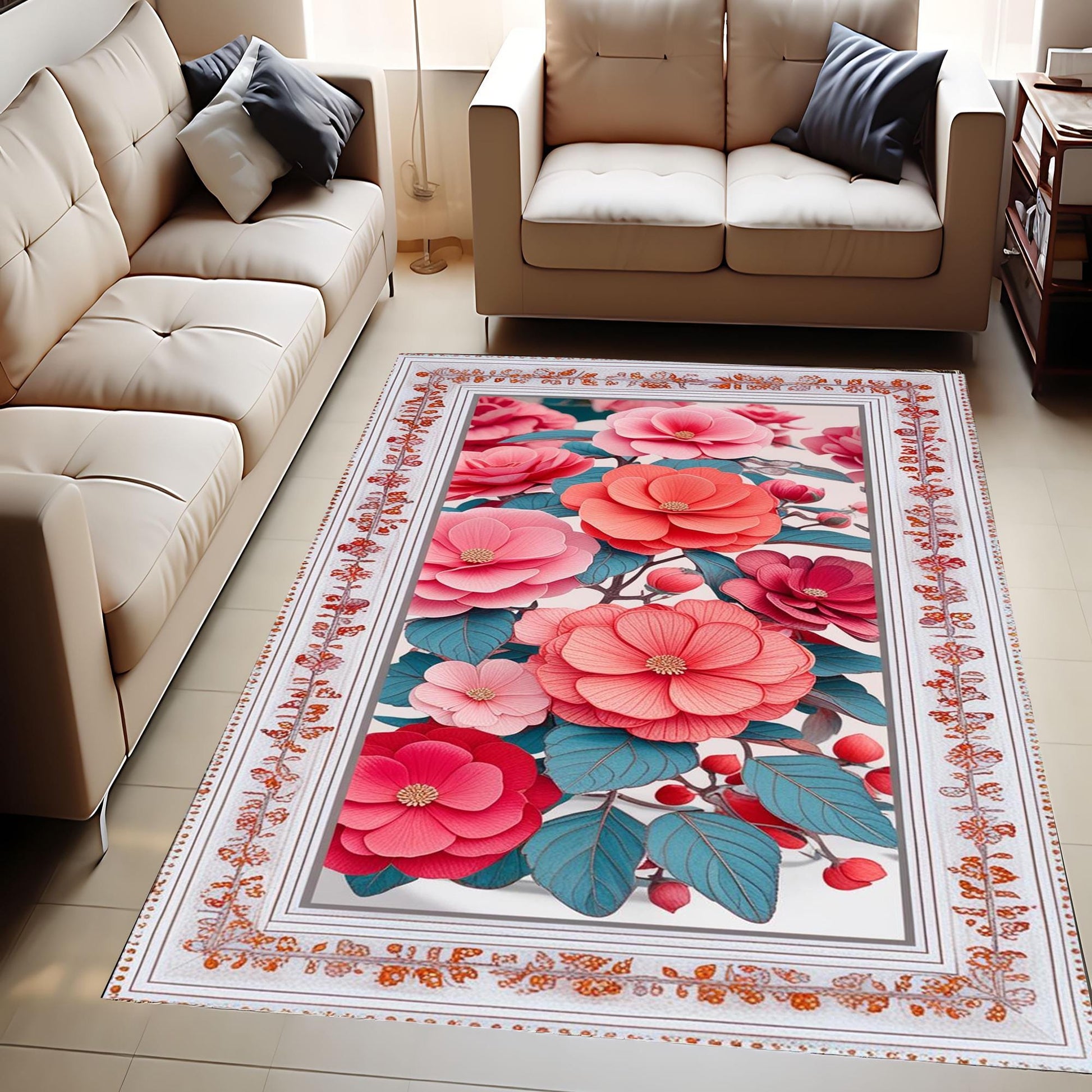 Romantic Floral Area Rug Soft Pink Botanical Carpet Shabby Chic Bedroom & Living Room Accent Mat Cottagecore Aesthetic Gift