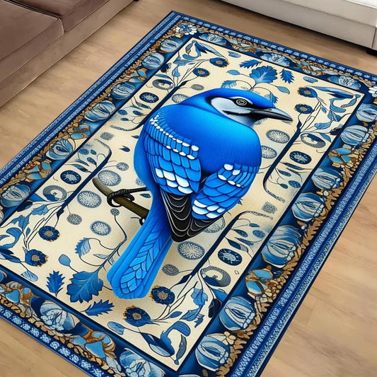 Blue Bird Rug With Floral Pattern - Designer Cottagecore Nature Rug, Washable Decorative Novelty Bird Rug for Home & Living