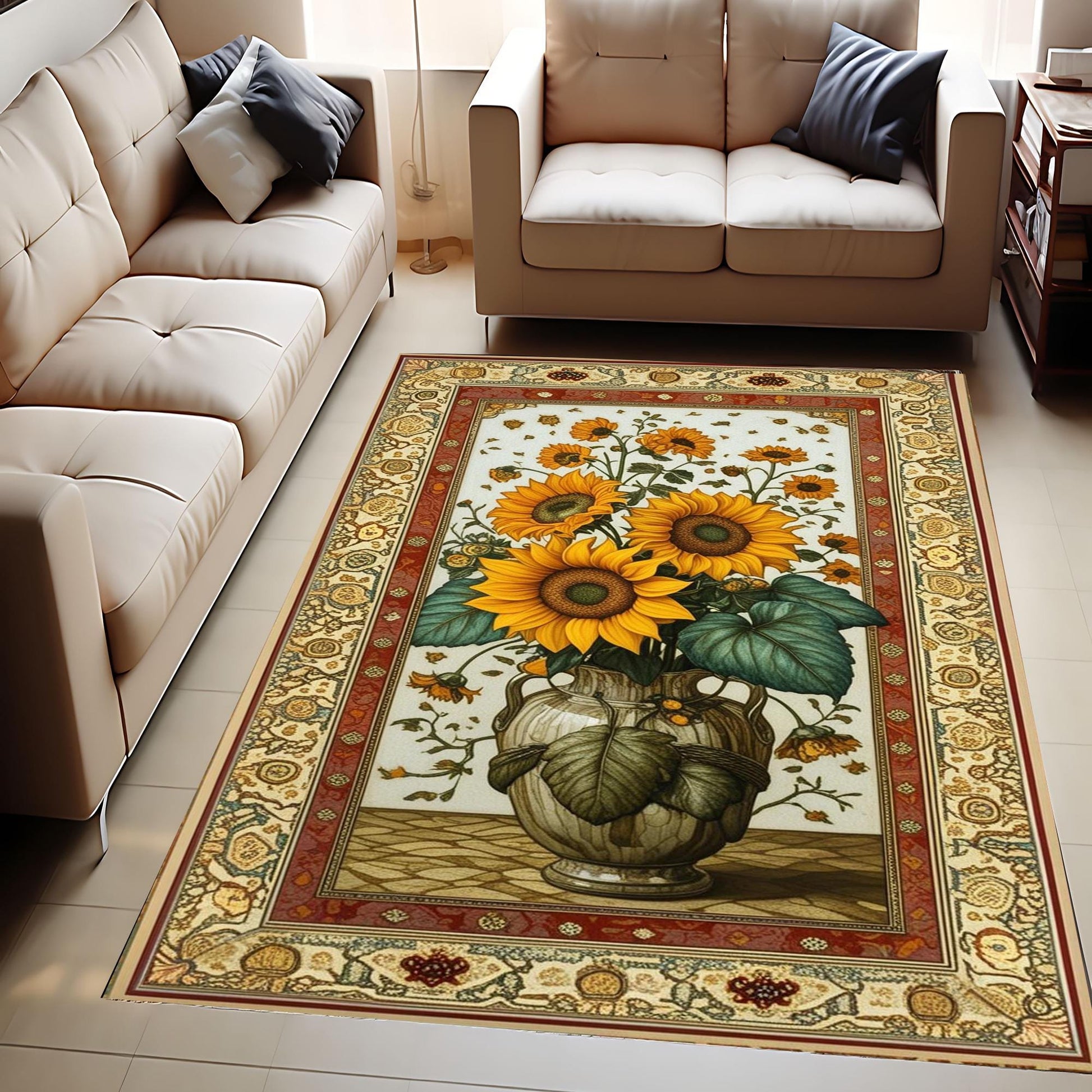 Sunflower Area Rug for Living Room & Bedroom, Traditional Rustic Colorful Flowers Rug, Painting Style Floral Decor Kitchen Mat