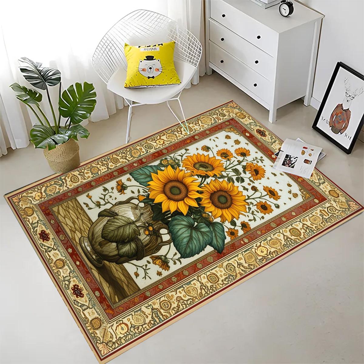 Sunflower Area Rug for Living Room & Bedroom, Traditional Rustic Colorful Flowers Rug, Painting Style Floral Decor Kitchen Mat