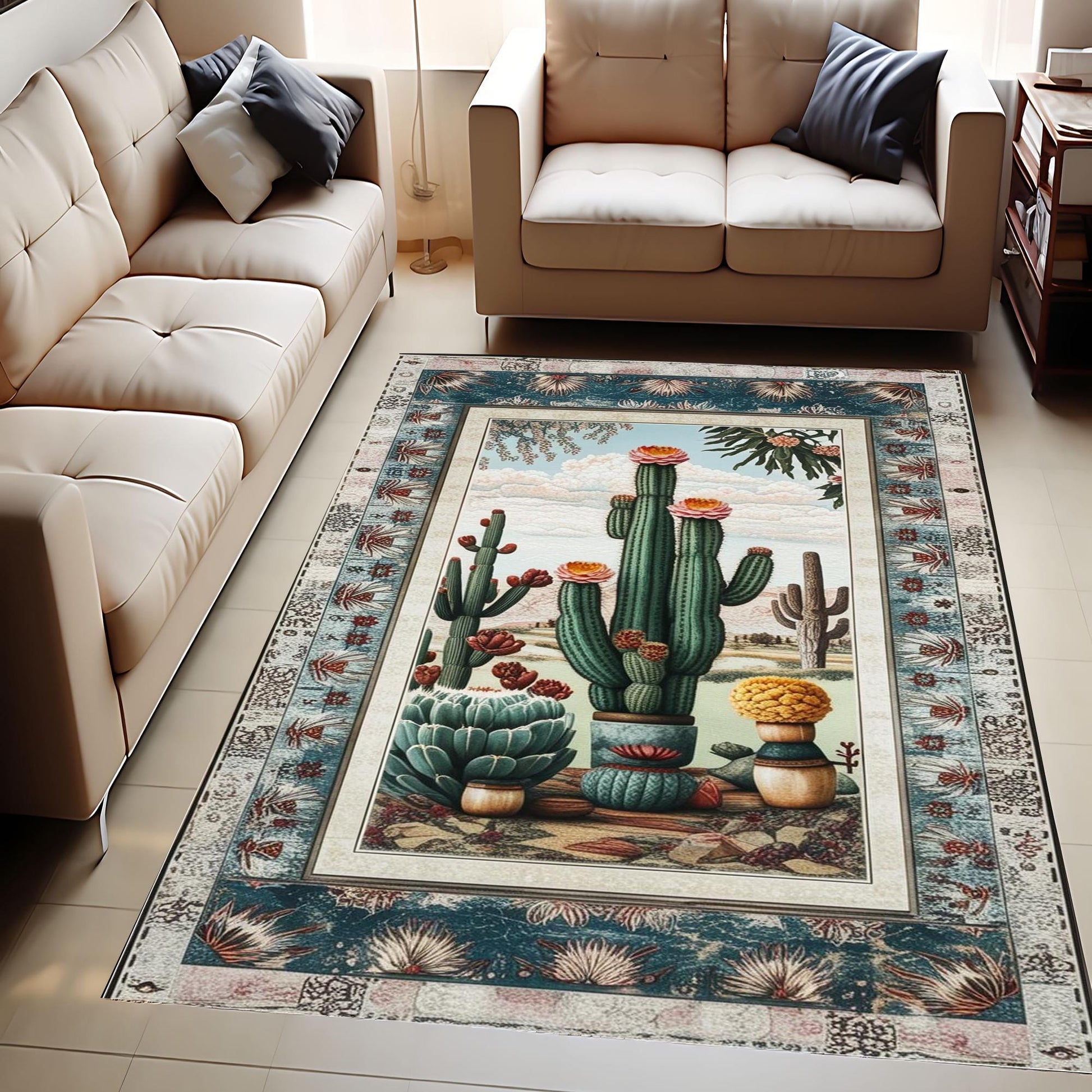 Southwestern Cactus Rug Boho Washable Plant Rug for Living Room & Entryway, Western Decor, Texas Maximalist Botanical Accent